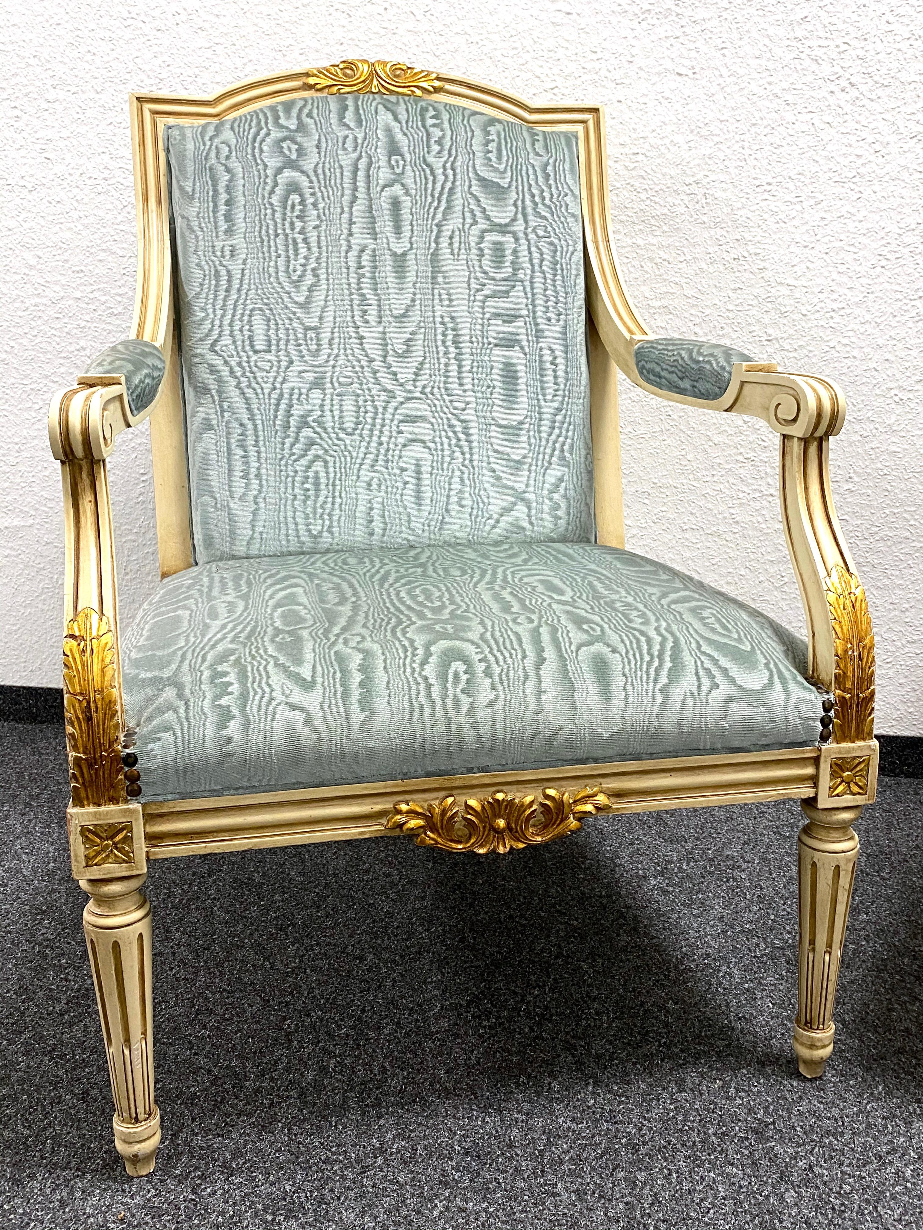 Pair of Empire Style Open Armchairs Blue Fabric, Chippy White and Gold, 1950s For Sale 1