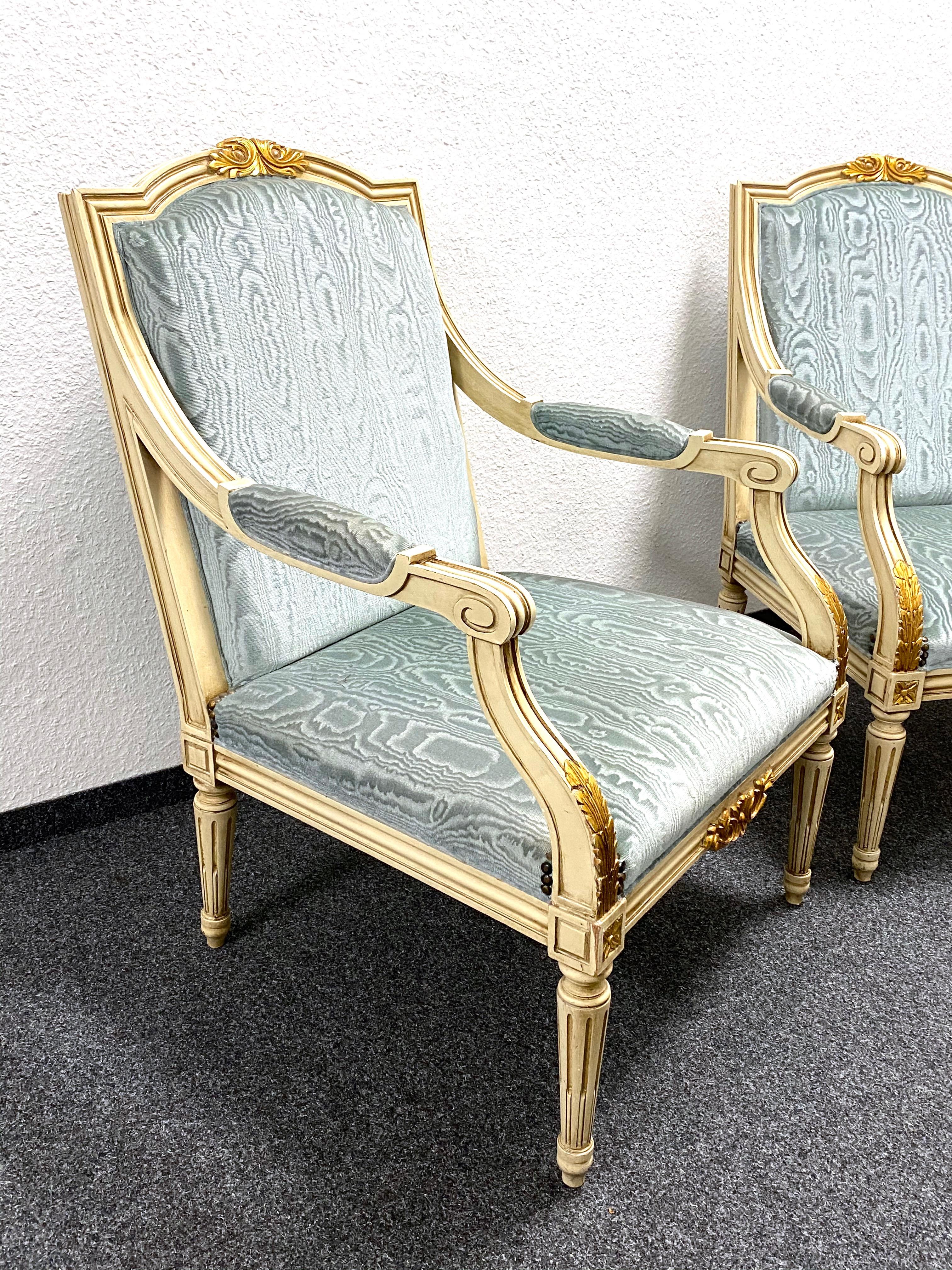 Pair of Empire Style Open Armchairs Blue Fabric, Chippy White and Gold, 1950s For Sale 3