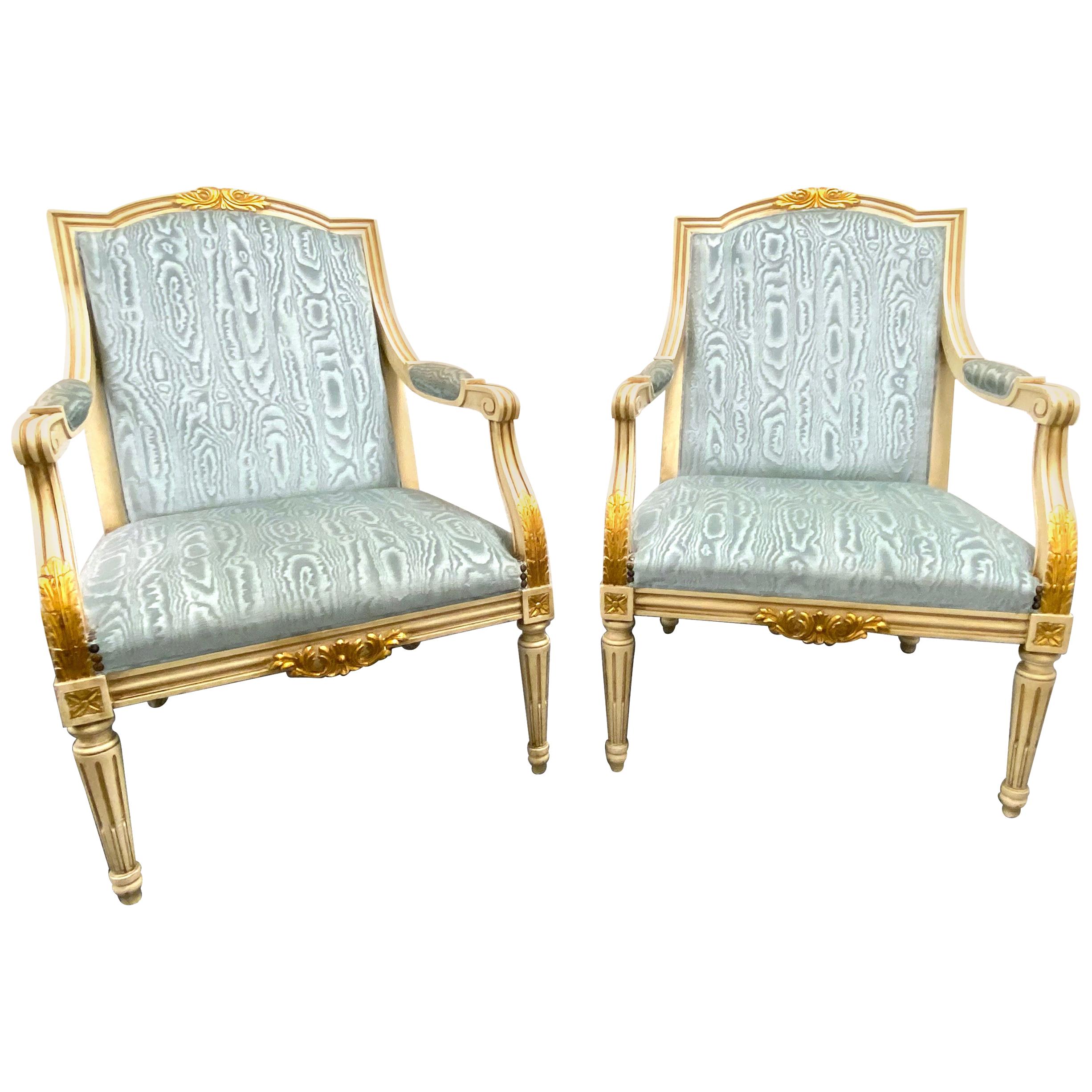 Pair of Empire Style Open Armchairs Blue Fabric, Chippy White and Gold, 1950s For Sale