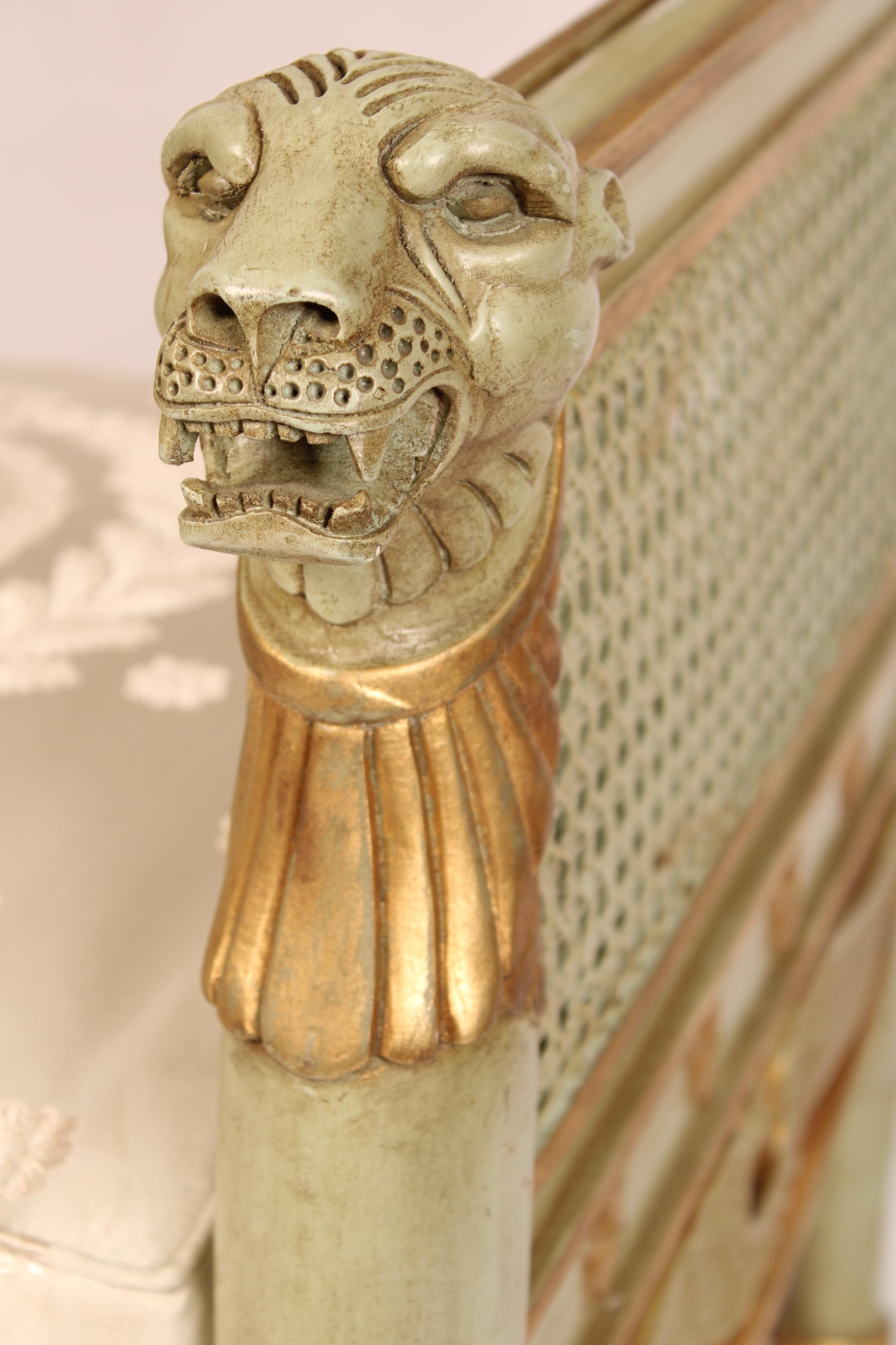 Pair of Empire Style Painted and Gilt Decorated Bergeres For Sale 5