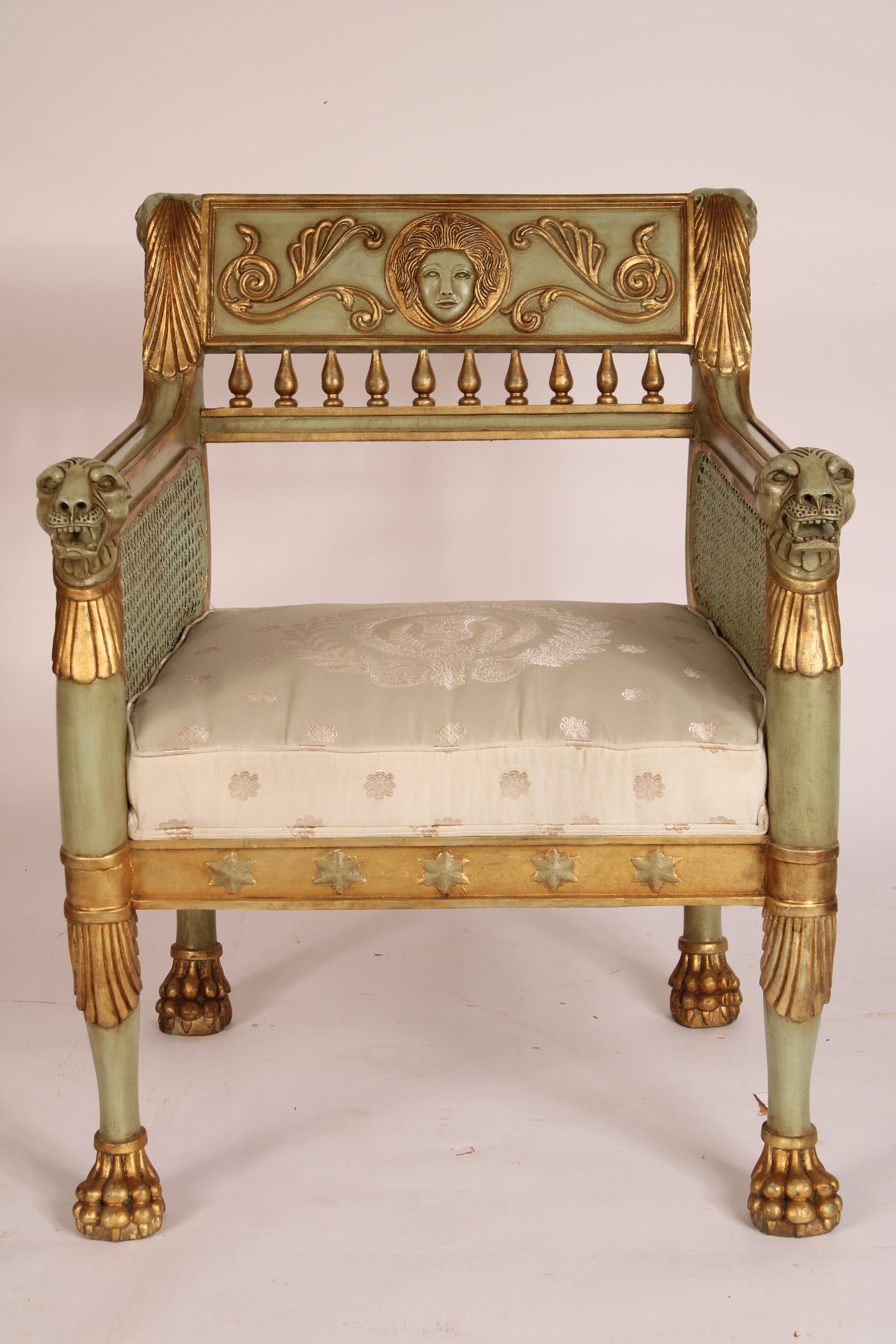 Pair of Empire Style Painted and Gilt Decorated Bergeres In Good Condition For Sale In Laguna Beach, CA