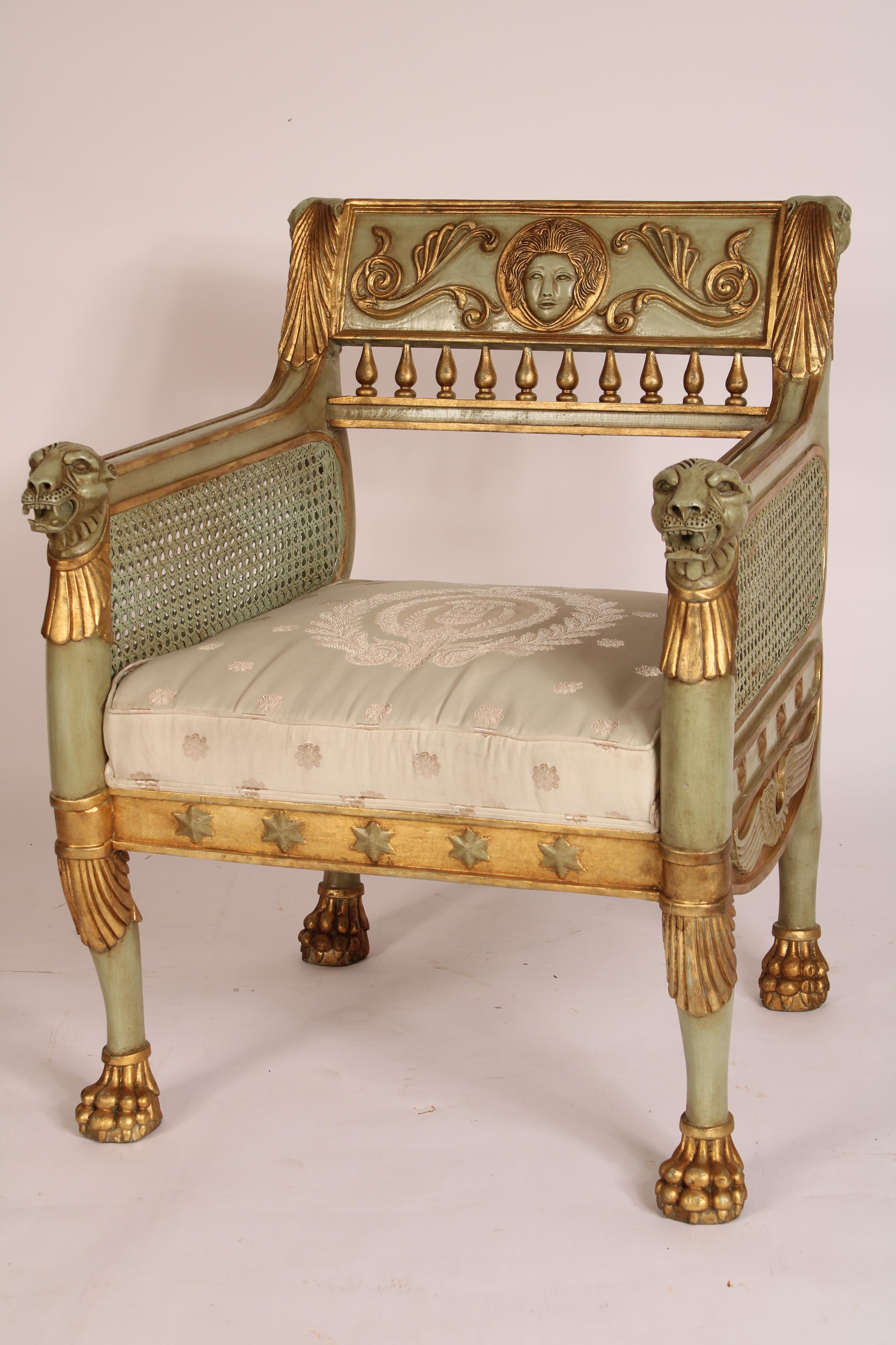 20th Century Pair of Empire Style Painted and Gilt Decorated Bergeres For Sale