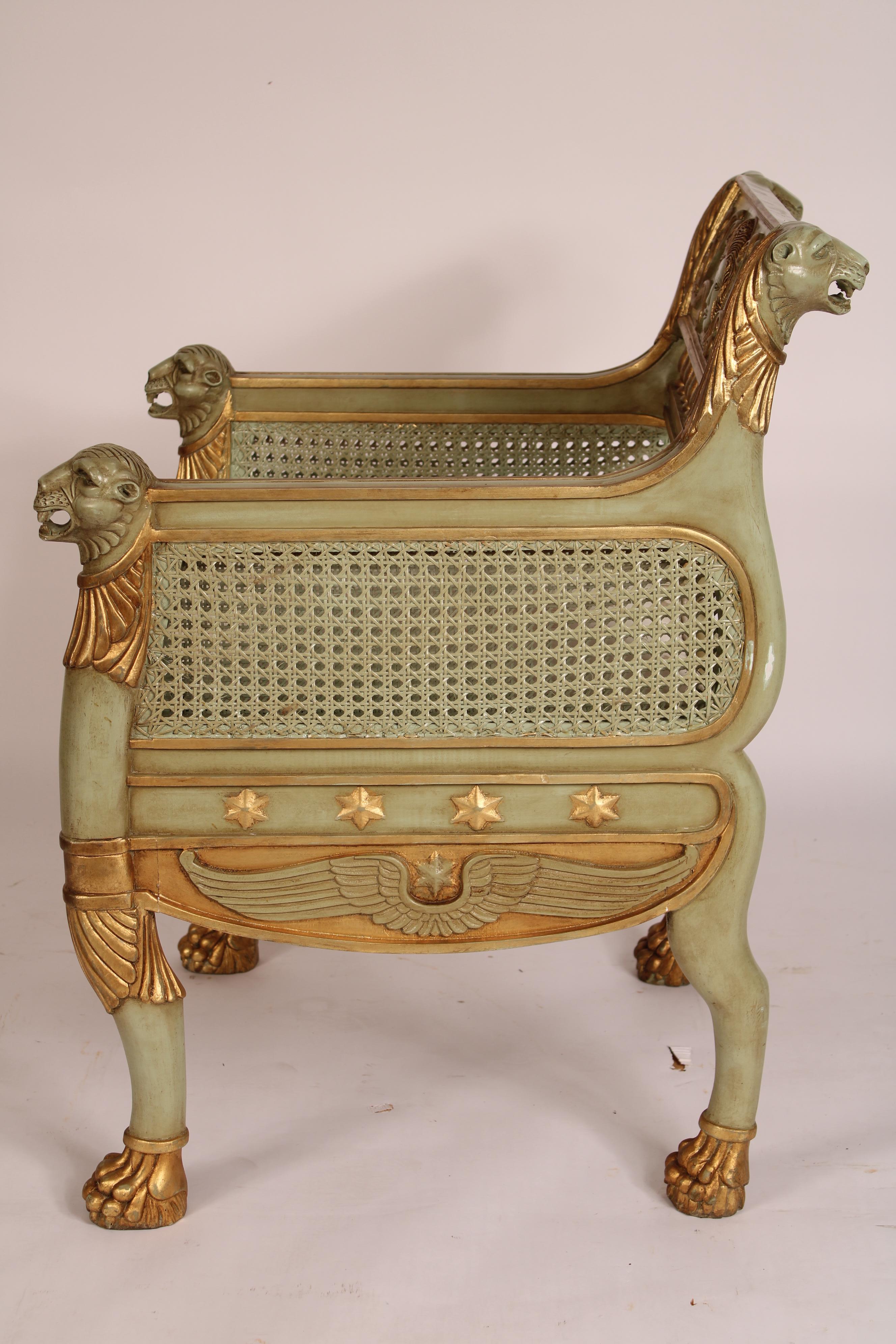 Upholstery Pair of Empire Style Painted and Gilt Decorated Bergeres For Sale