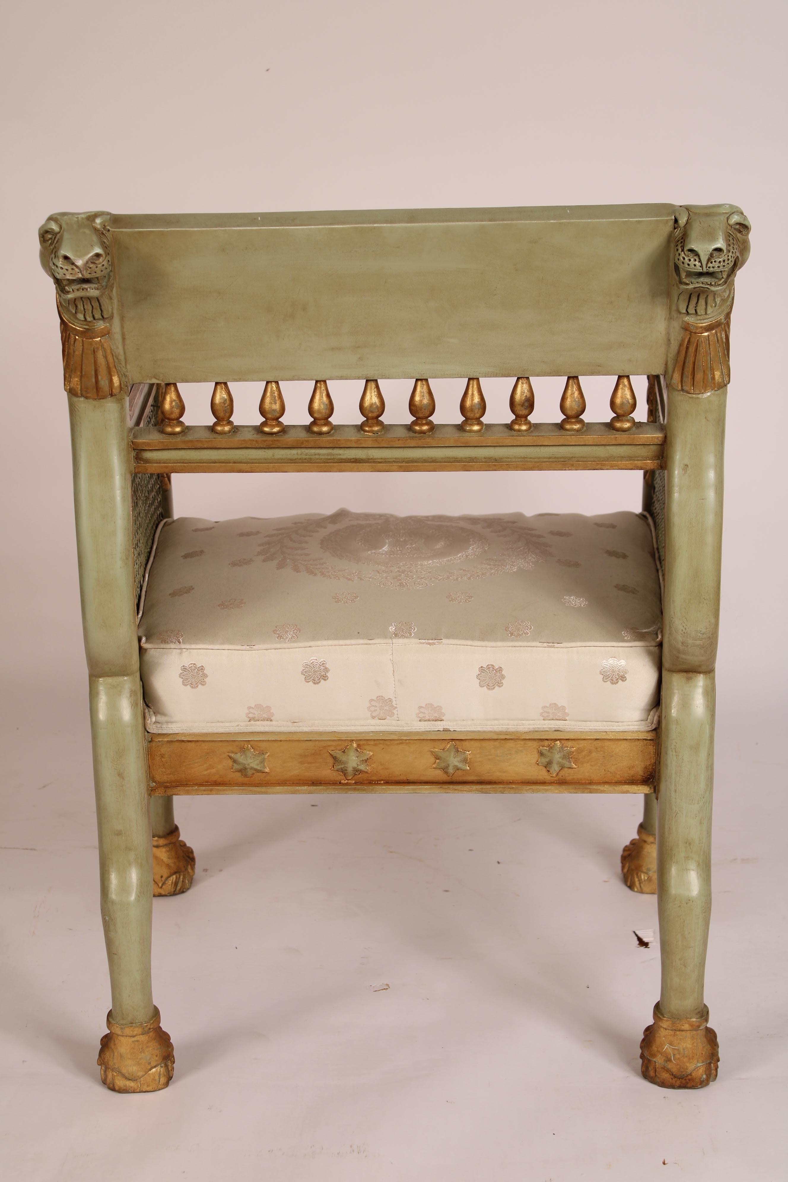 Pair of Empire Style Painted and Gilt Decorated Bergeres For Sale 1
