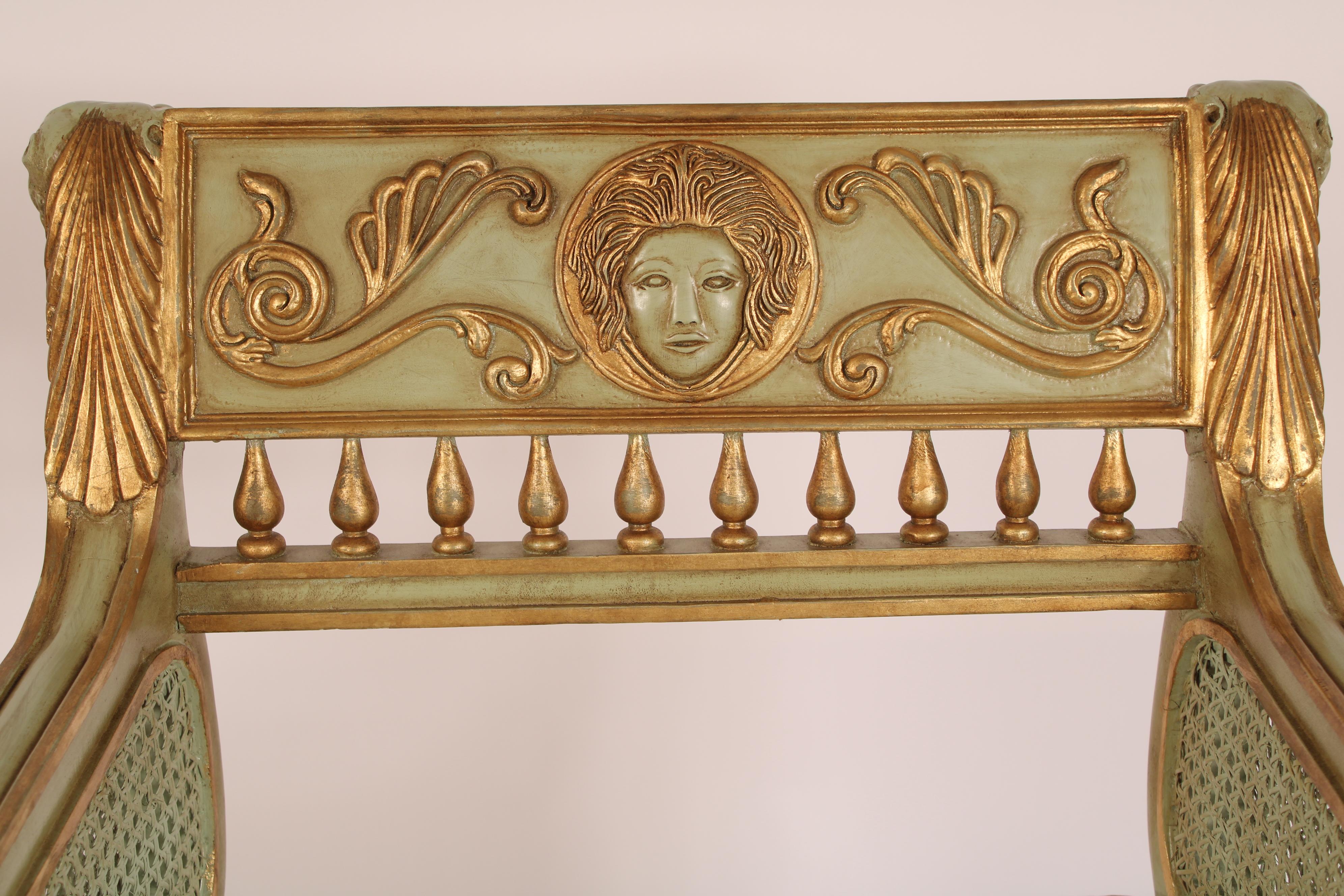 Pair of Empire Style Painted and Gilt Decorated Bergeres For Sale 3