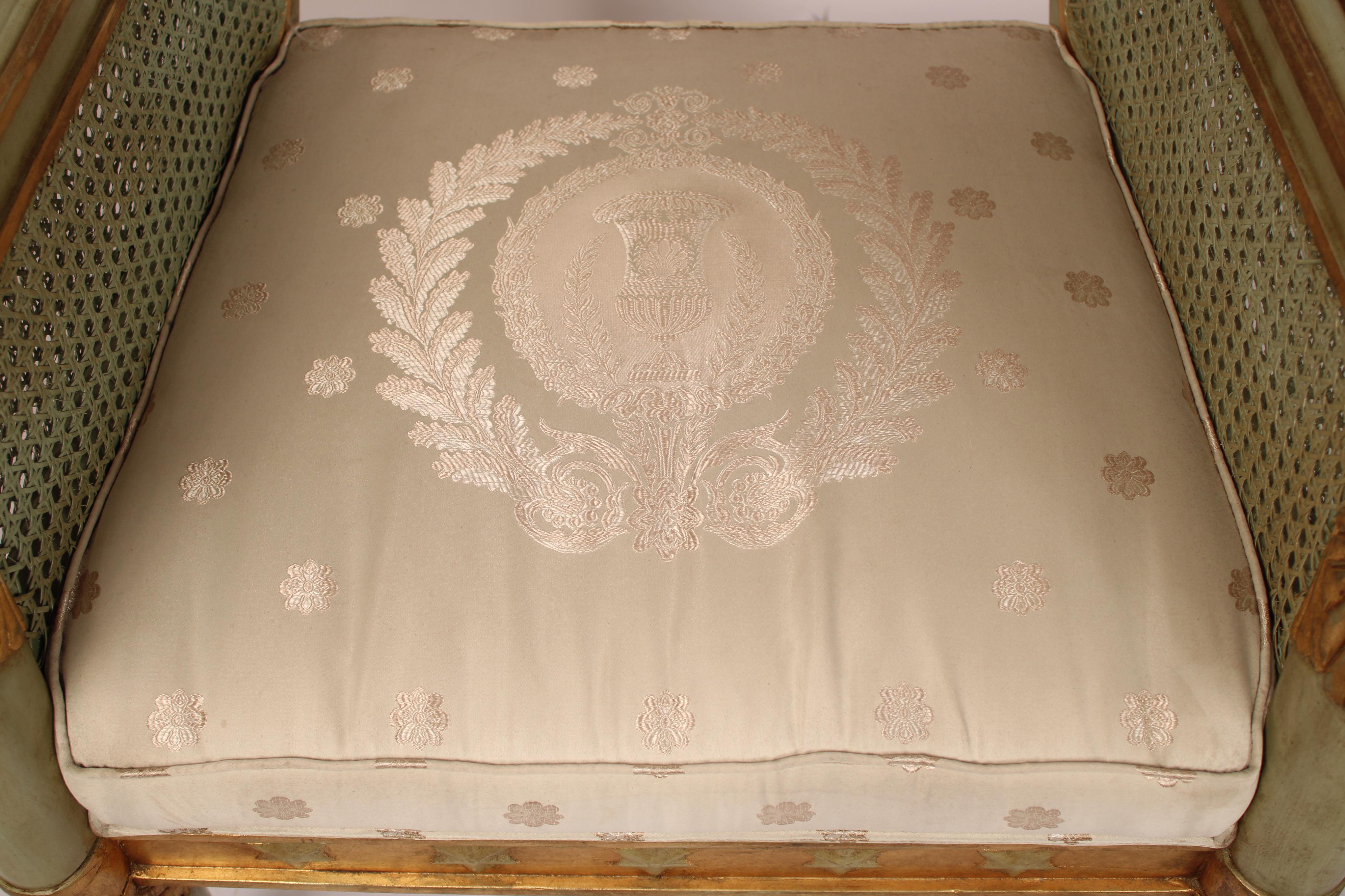 Pair of Empire Style Painted and Gilt Decorated Bergeres For Sale 4