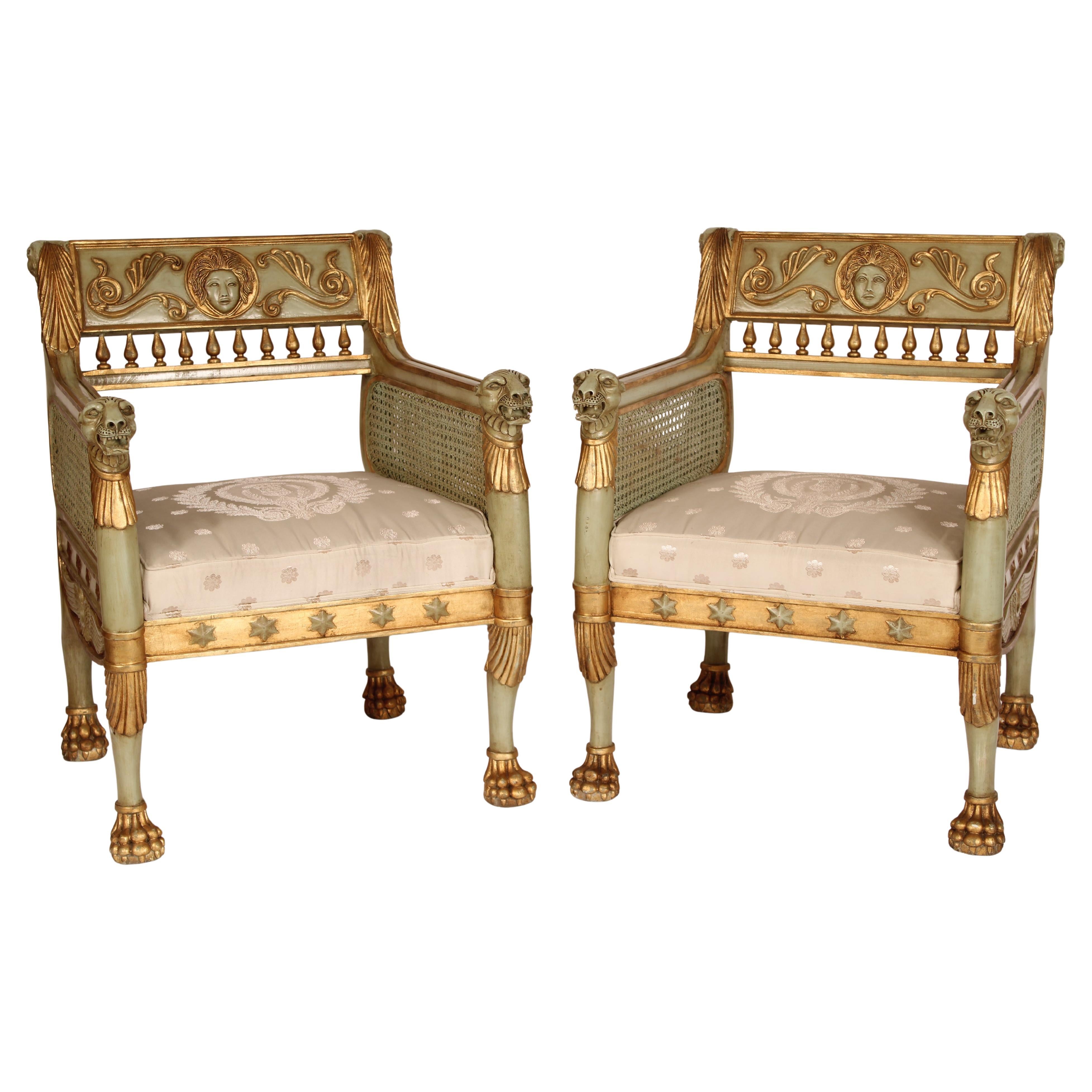 Pair of Empire Style Painted and Gilt Decorated Bergeres For Sale