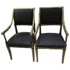 Pair of Empire Style Parcel-Gilt Armchairs with Black Upholstery