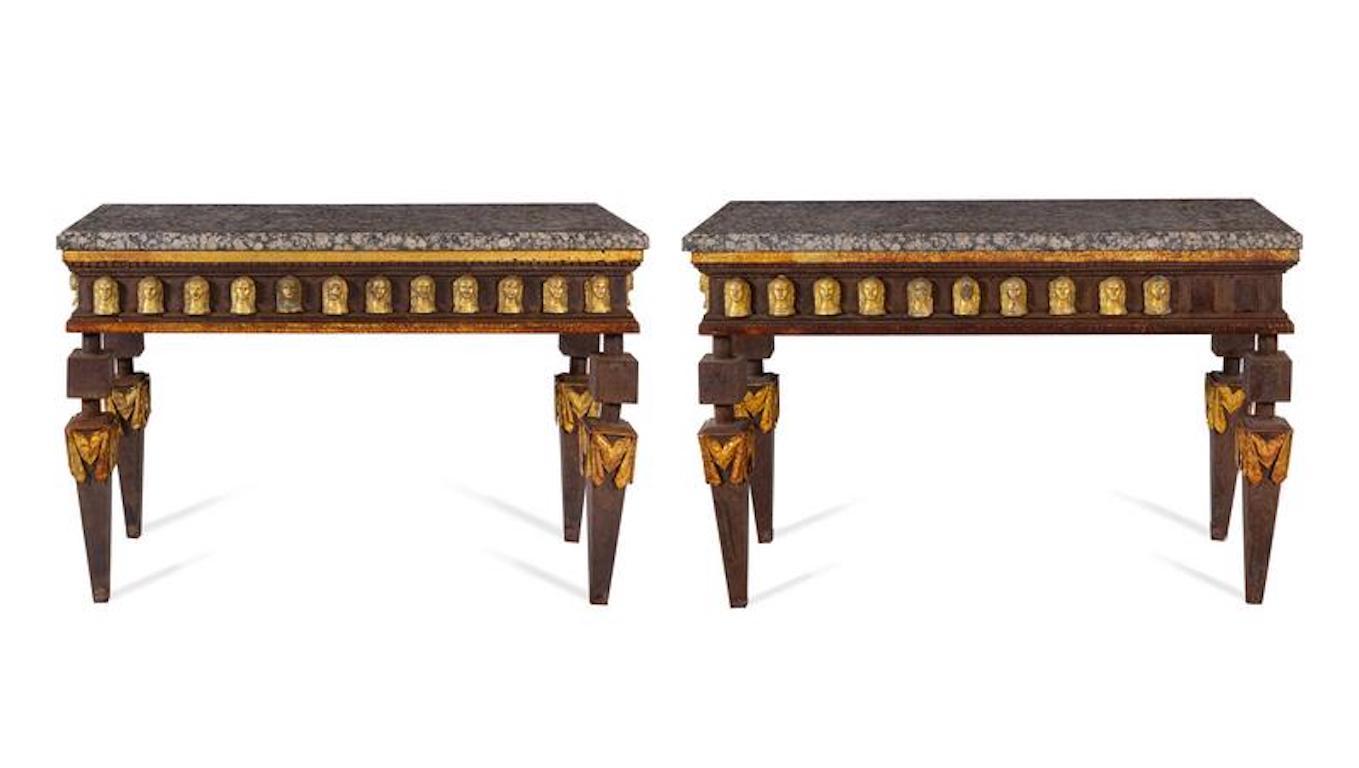 Pair of Empire Style Parcel-Gilt Metal Console Tables In Good Condition For Sale In Essex, MA