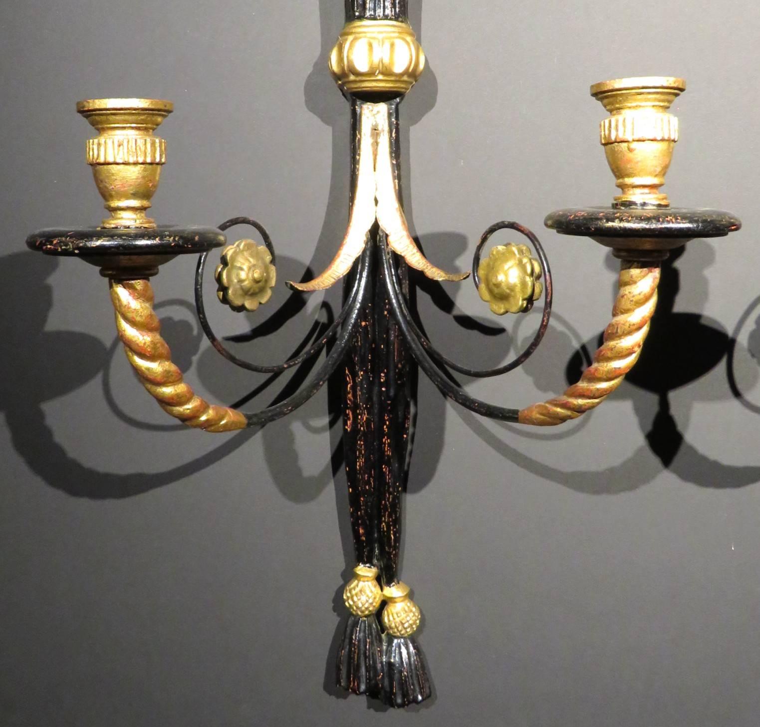 Pair of Empire Style Ebonized Giltwood and Tole Wall Sconces, Italy Circa 1950 In Good Condition In Ottawa, Ontario