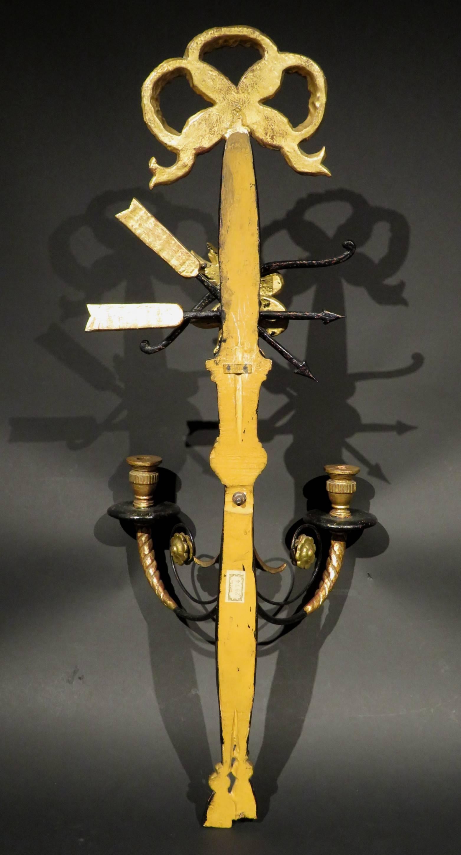 Pair of Empire Style Ebonized Giltwood and Tole Wall Sconces, Italy Circa 1950 1