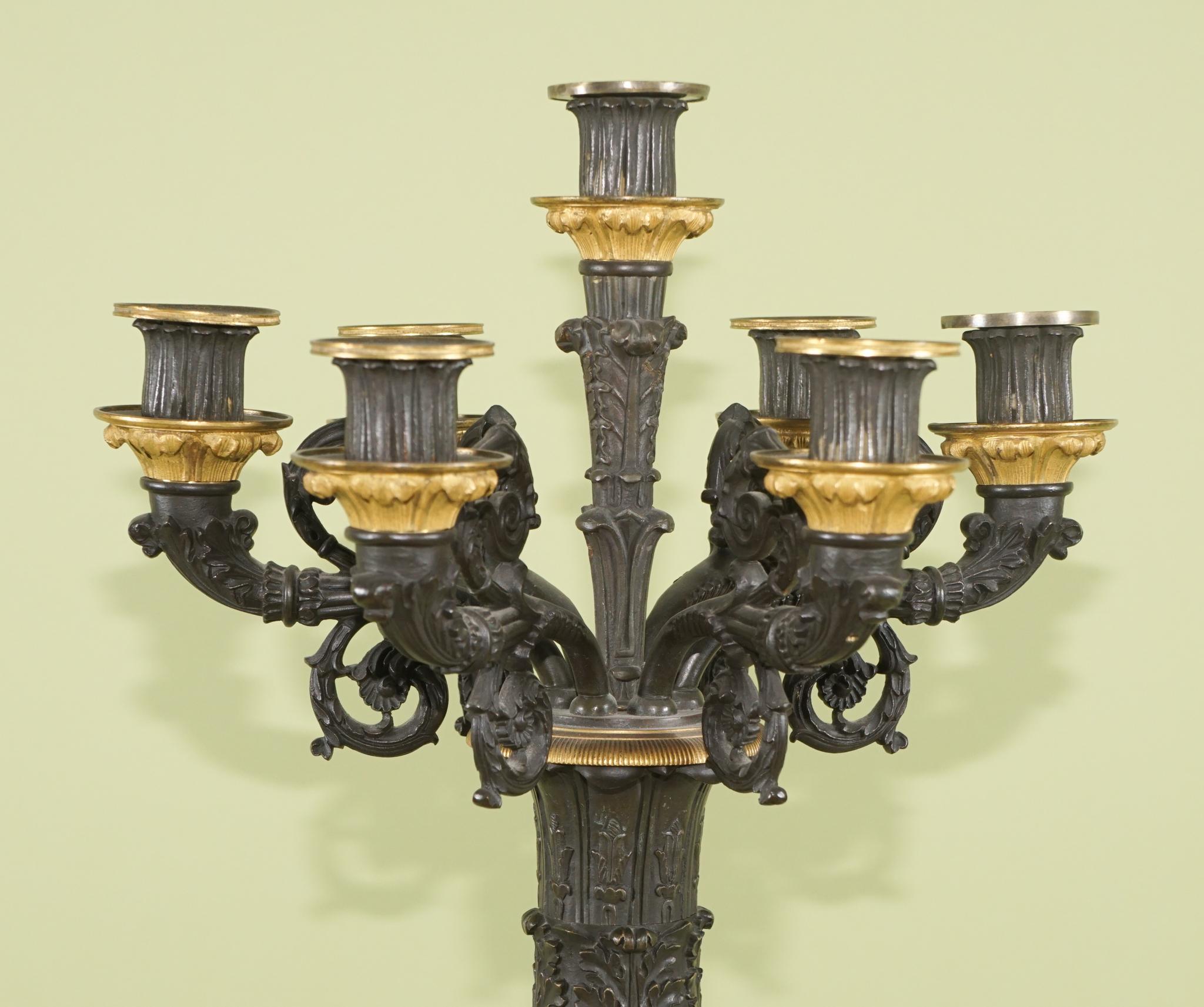 Pair of Empire Style Patinated and Gilded Bronze Candelabra In Good Condition For Sale In Hudson, NY