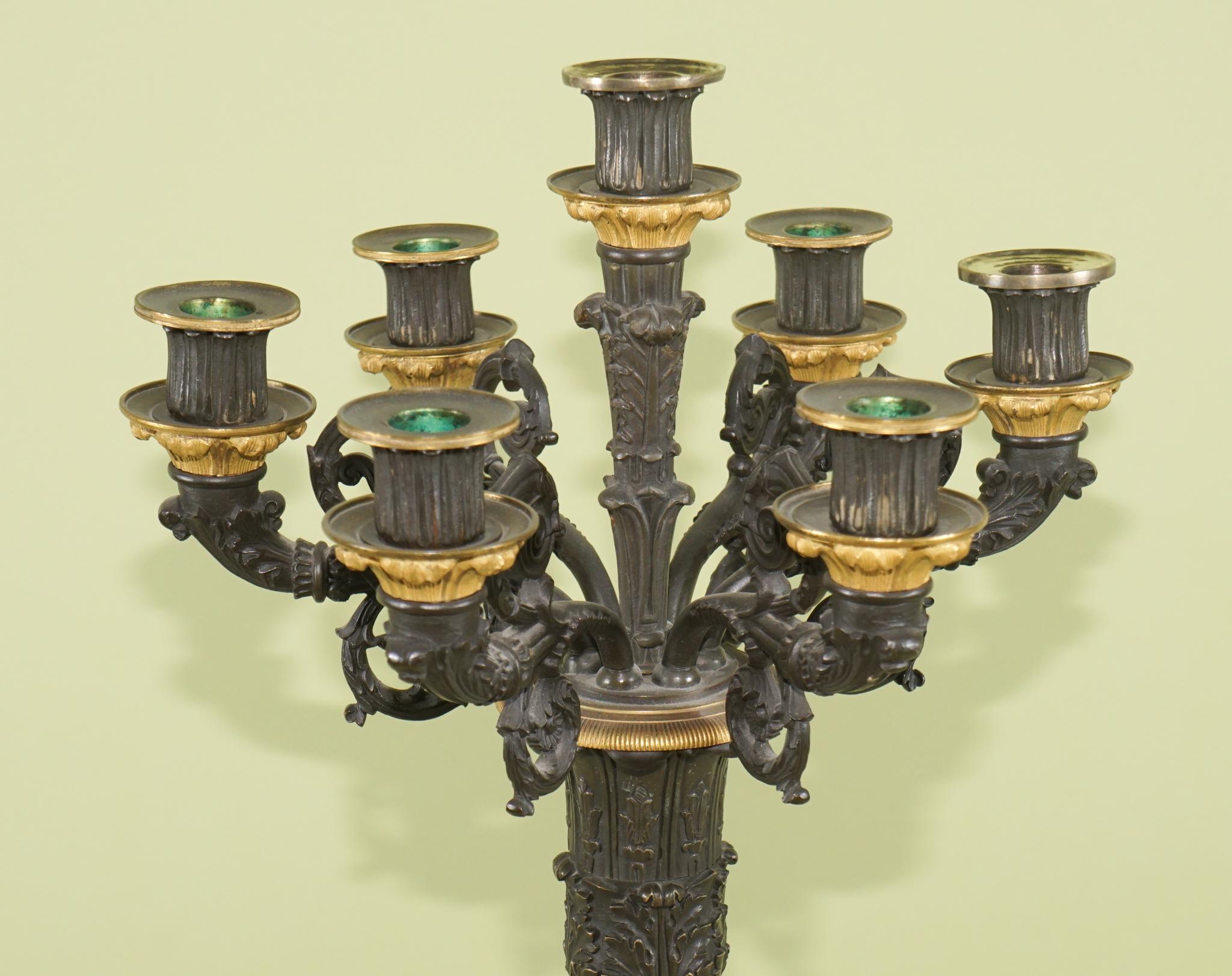 Late 19th Century Pair of Empire Style Patinated and Gilded Bronze Candelabra For Sale