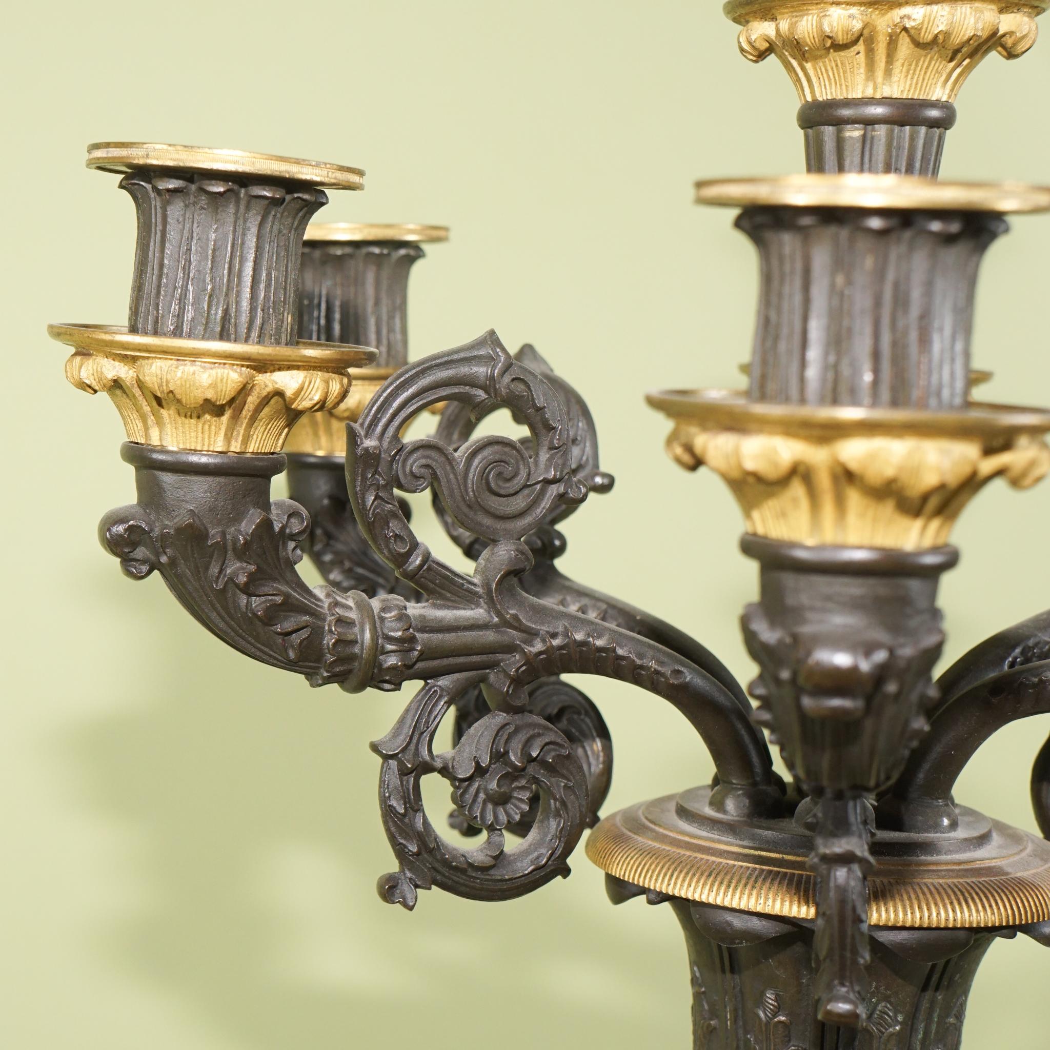Pair of Empire Style Patinated and Gilded Bronze Candelabra For Sale 3