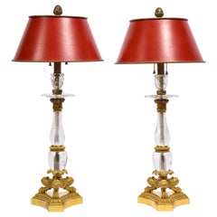 Antique Pair of Empire St. Rock Crystal & Dore Bronze Mounted Lamps, attrib. to Caldwell