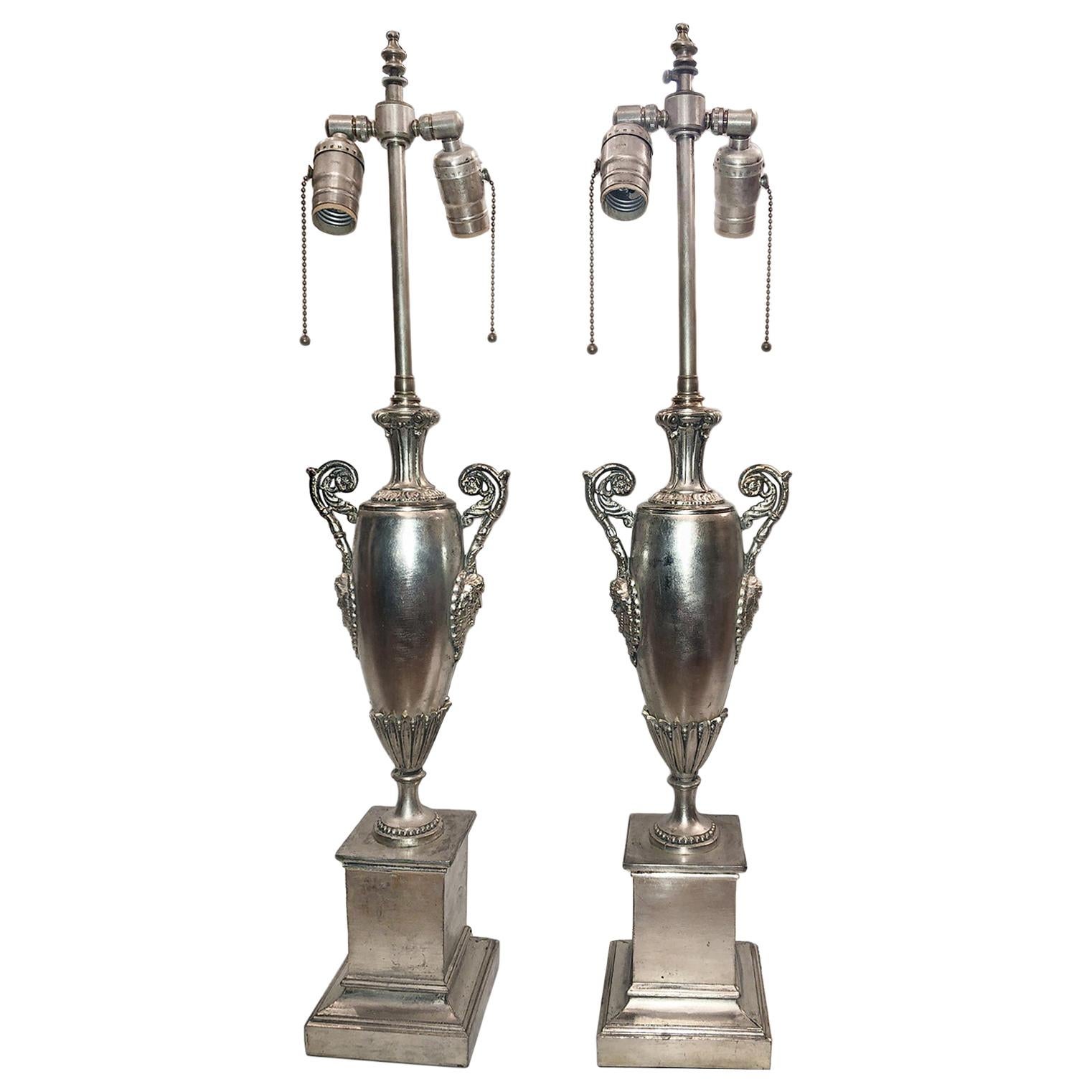 Pair of Empire Style Silver Plated Lamps For Sale