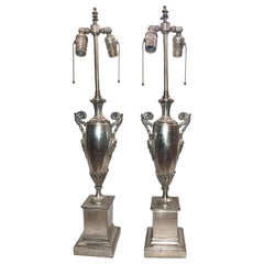 Pair of Empire Style Silver Plated Lamps