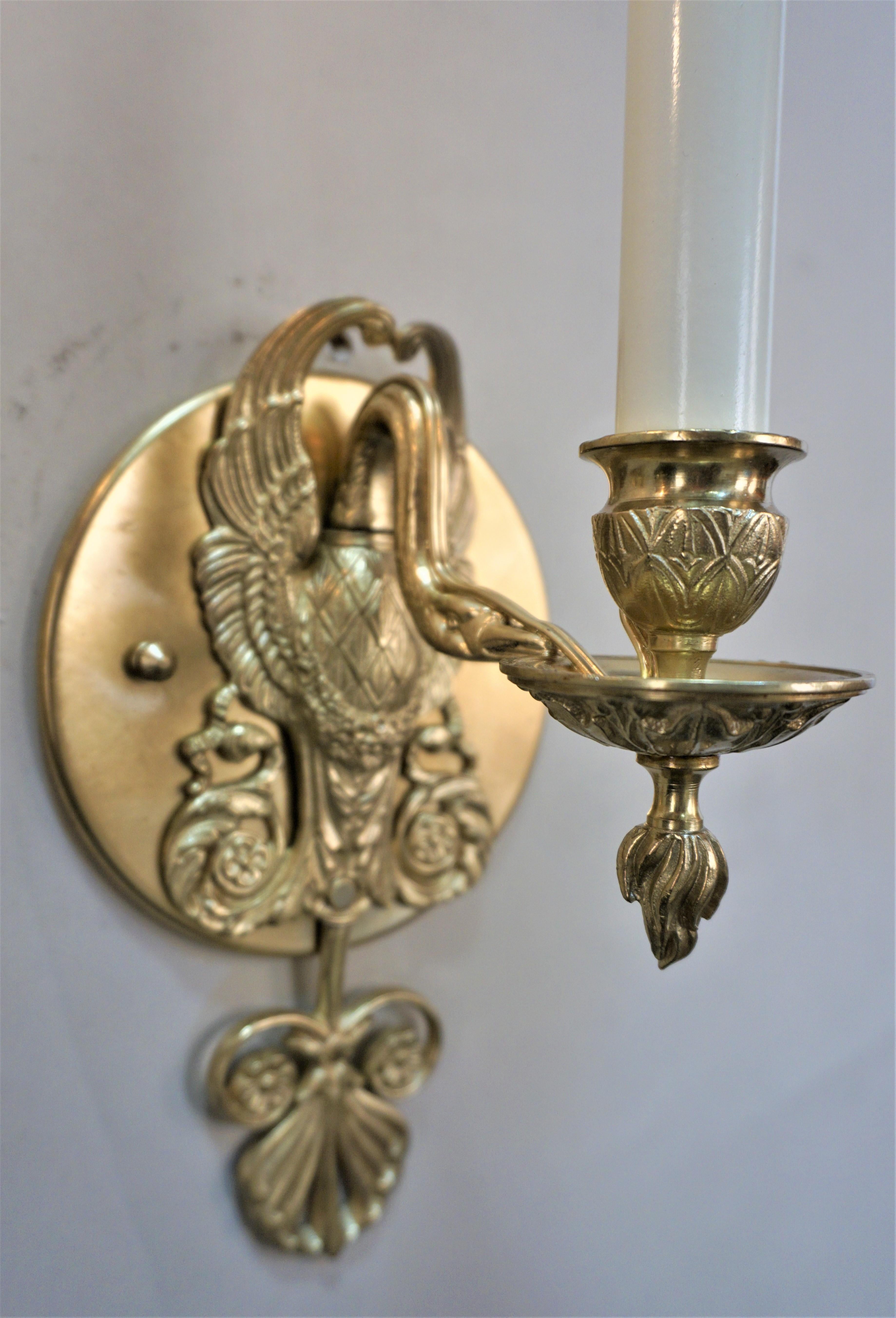 French Pair of Empire Style Swam Wall Sconces For Sale