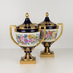 Pair of Empire Style Vases in Blue and Gold Porcelain