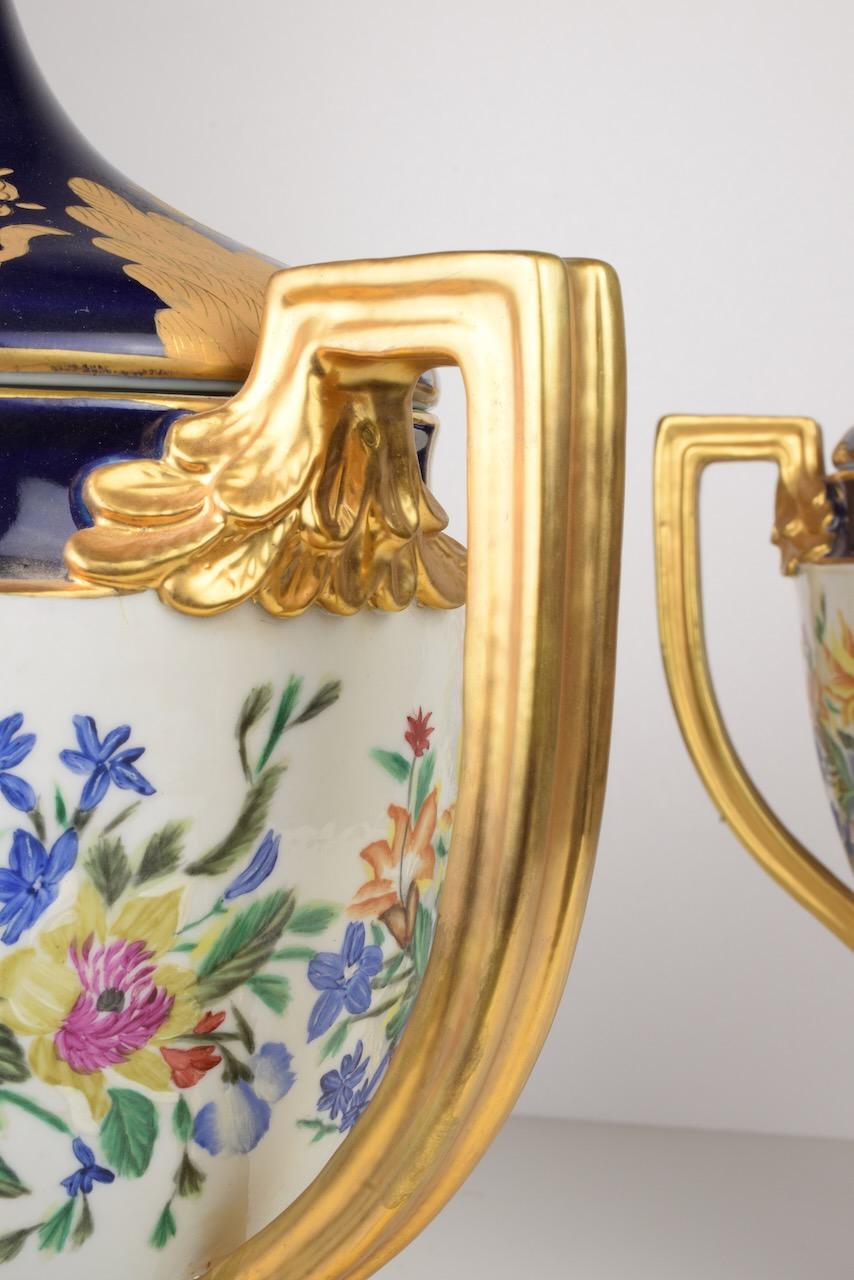 20th Century Pair of Empire Style Vases in Blue and Gold Porcelain For Sale