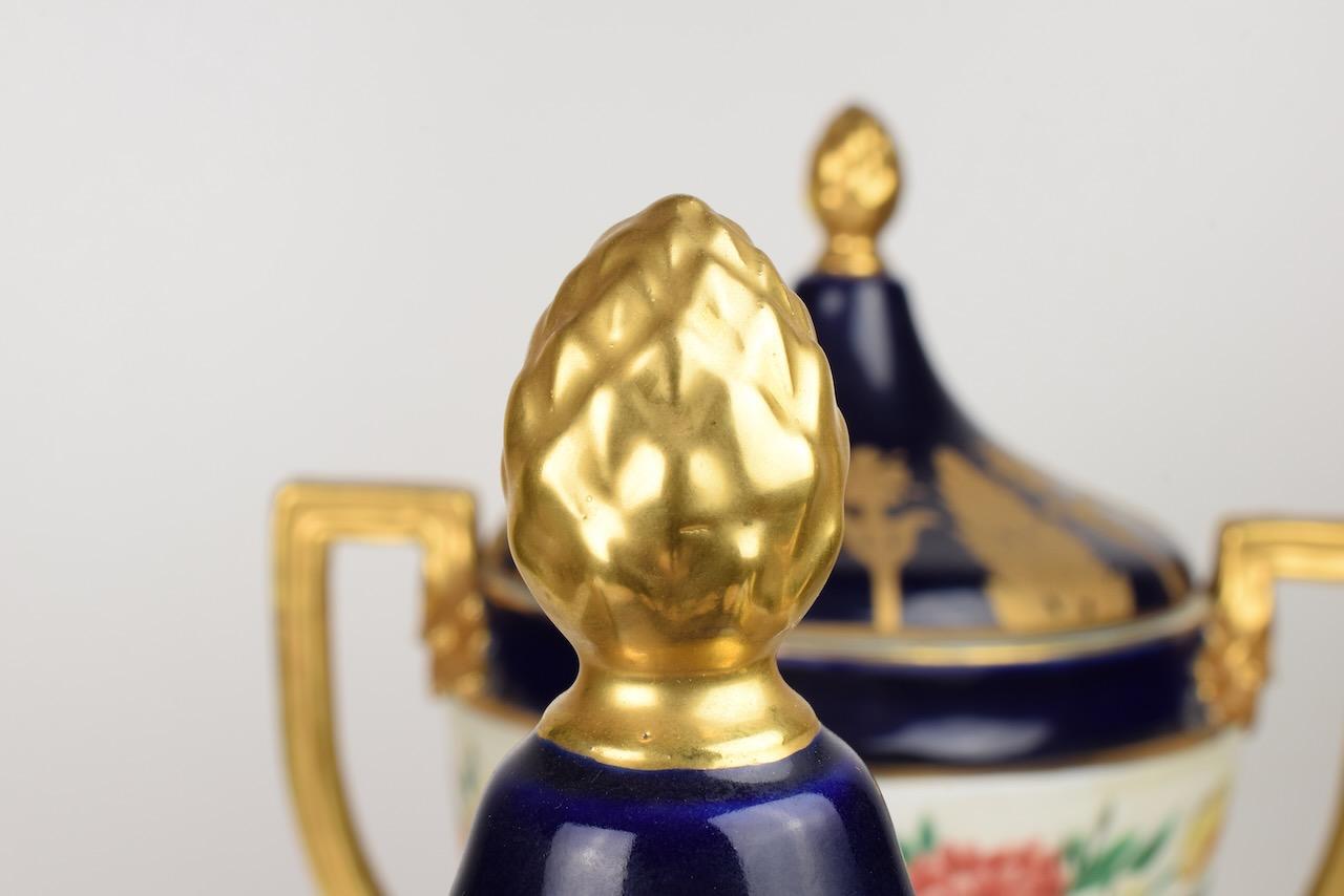 Pair of Empire Style Vases in Blue and Gold Porcelain For Sale 2