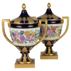 Pair of Empire Style Vases in Blue and Gold Porcelain