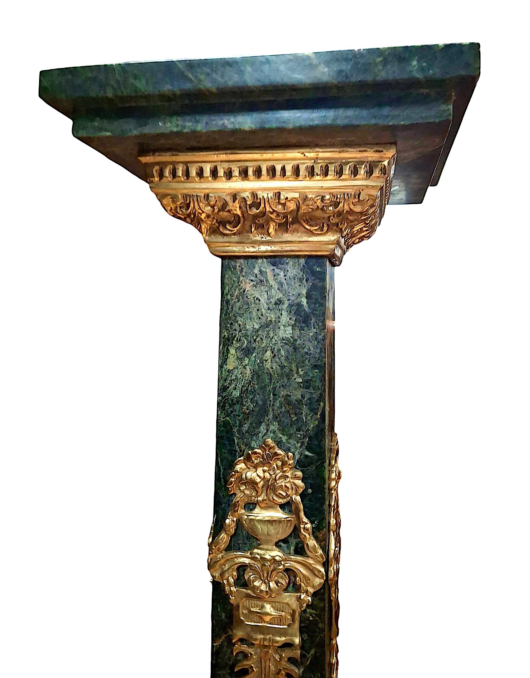 20th Century Pair of Empire Style Verde Antico Marble and Gilt Bronze Pedestals For Sale