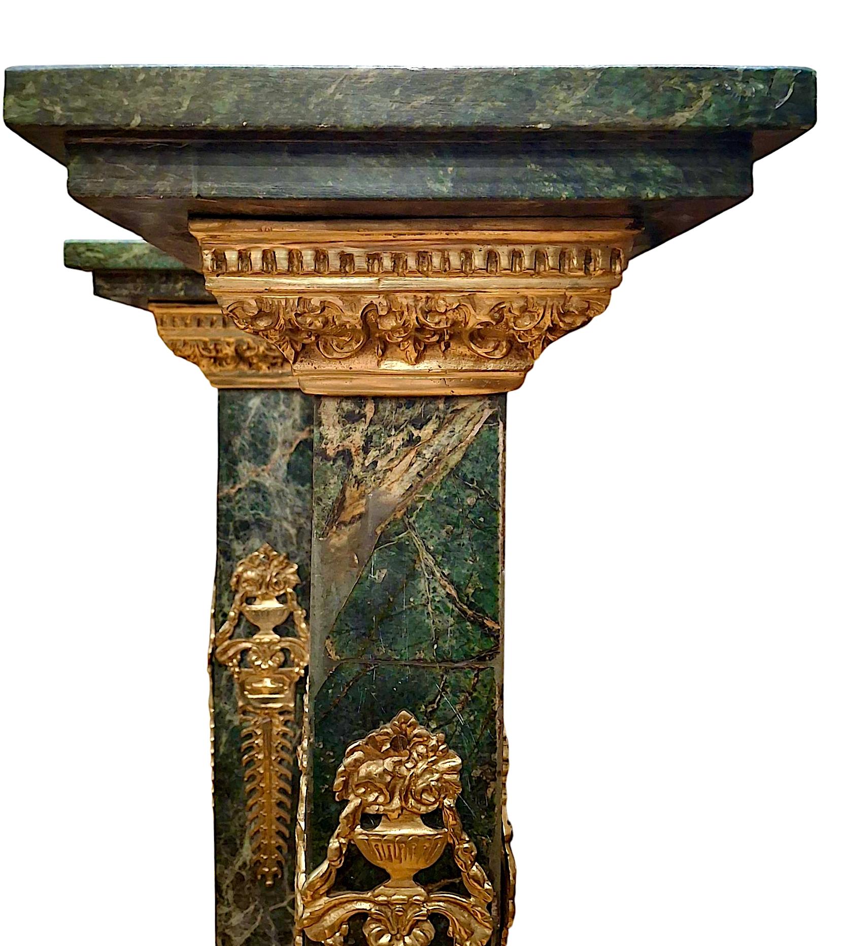 Pair of Empire Style Verde Antico Marble and Gilt Bronze Pedestals For Sale 1