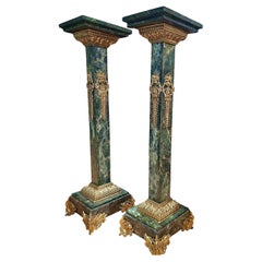 Pair of Empire Style Verde Antico Marble and Gilt Bronze Pedestals