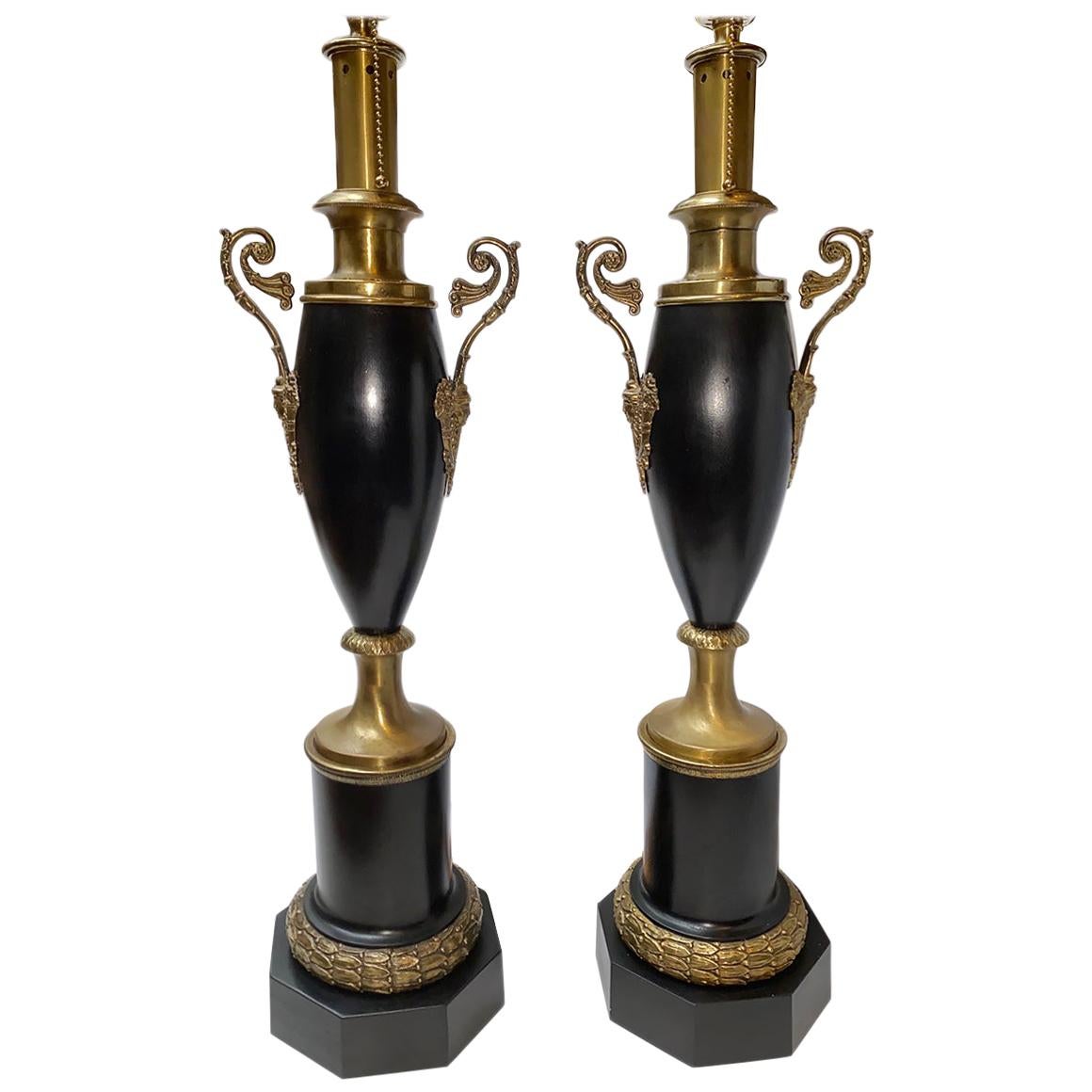 Pair of Empire Tole and Bronze Table Lamps For Sale