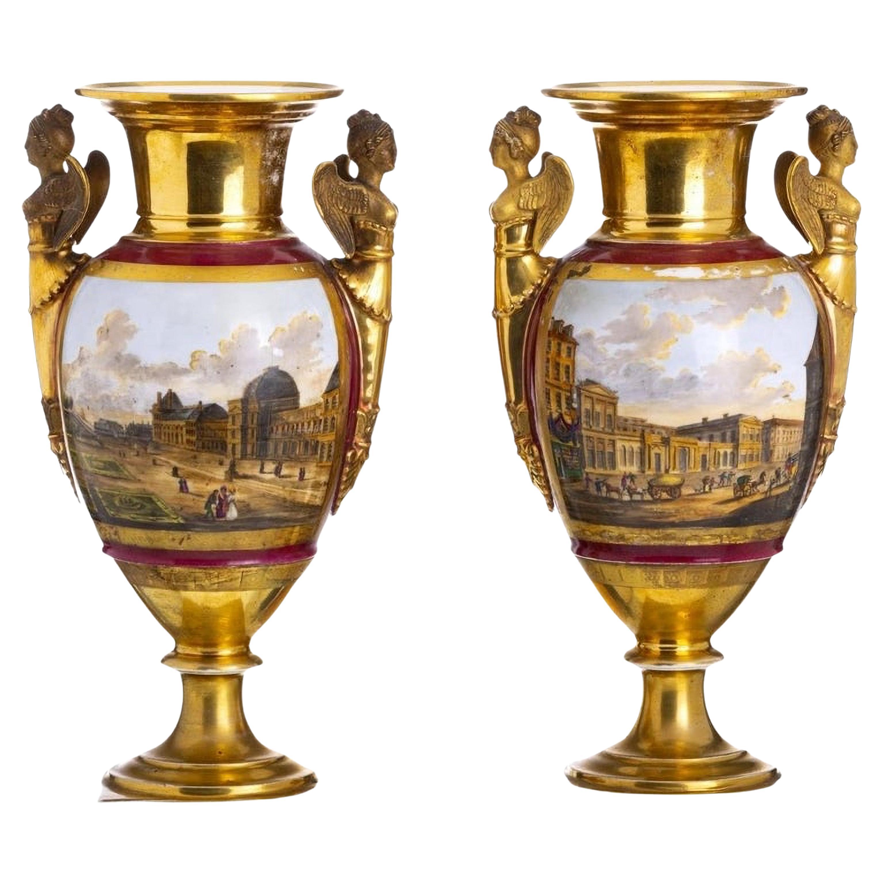 Paire de vases Empire "Vues de Versailles" Napoléon III 19ème siècle en vente