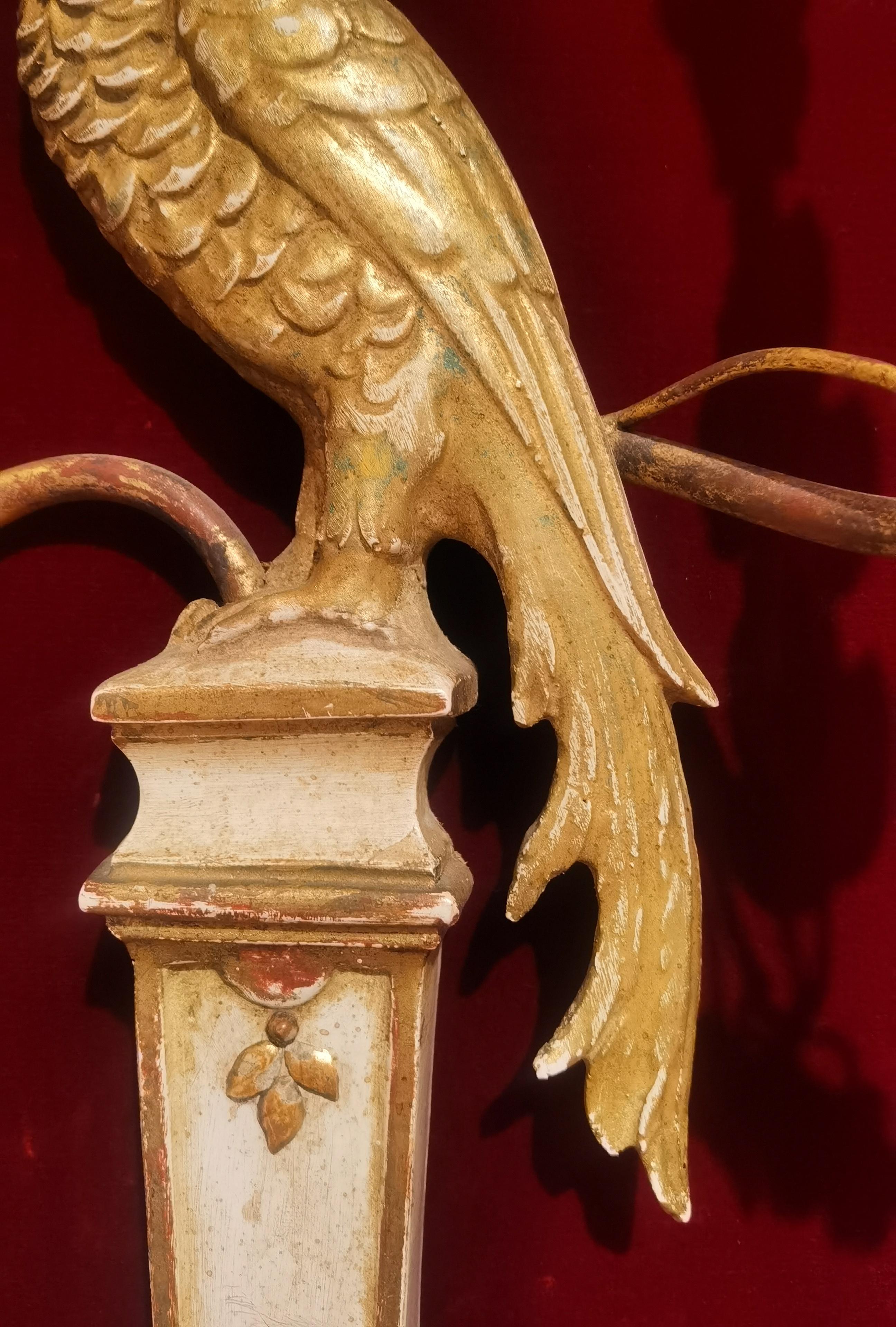 Hand-Crafted Pair of Empire Wall Chandeliers Wood with Birds
