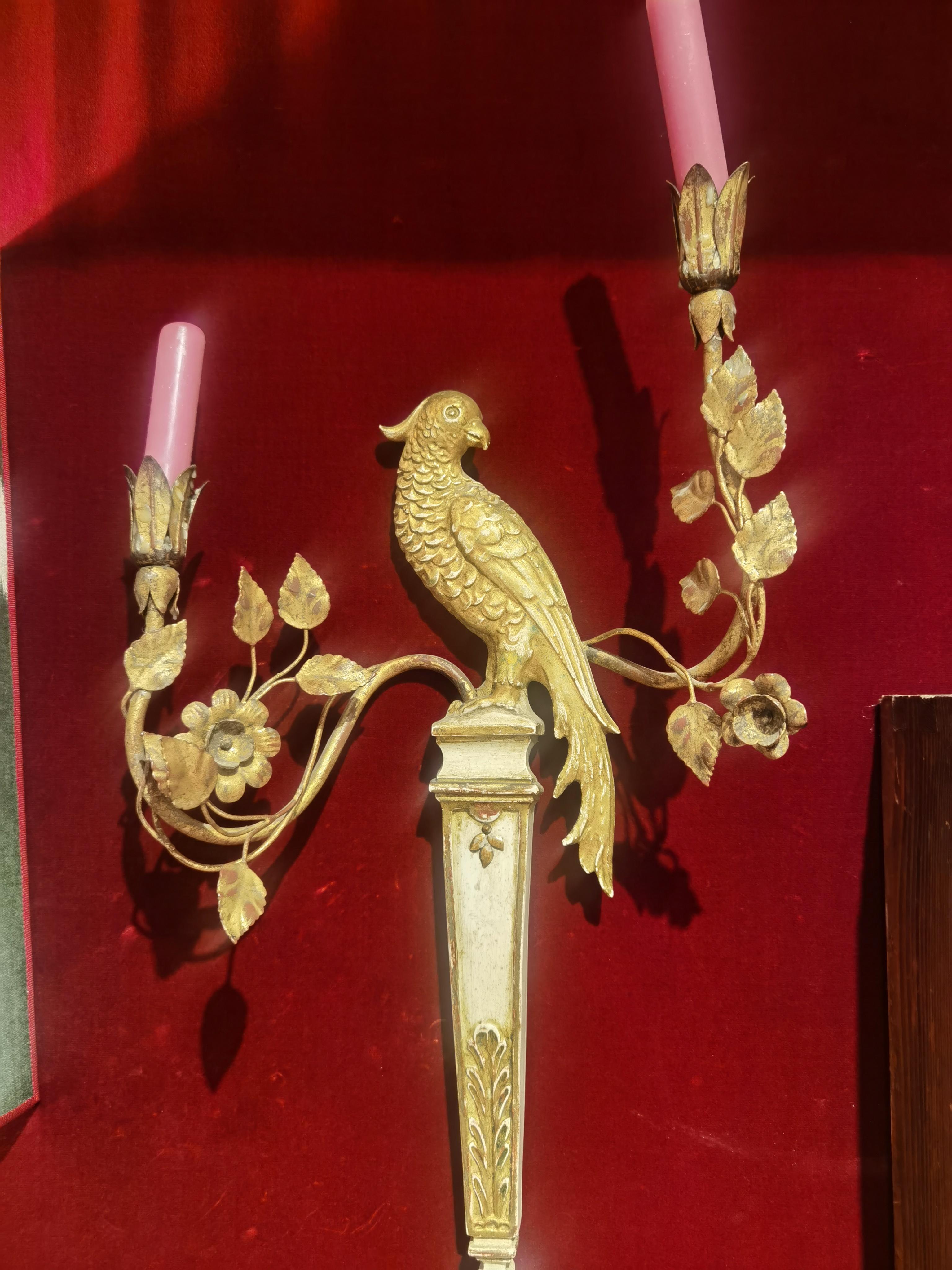 Pair of Empire Wall Chandeliers Wood with Birds 1