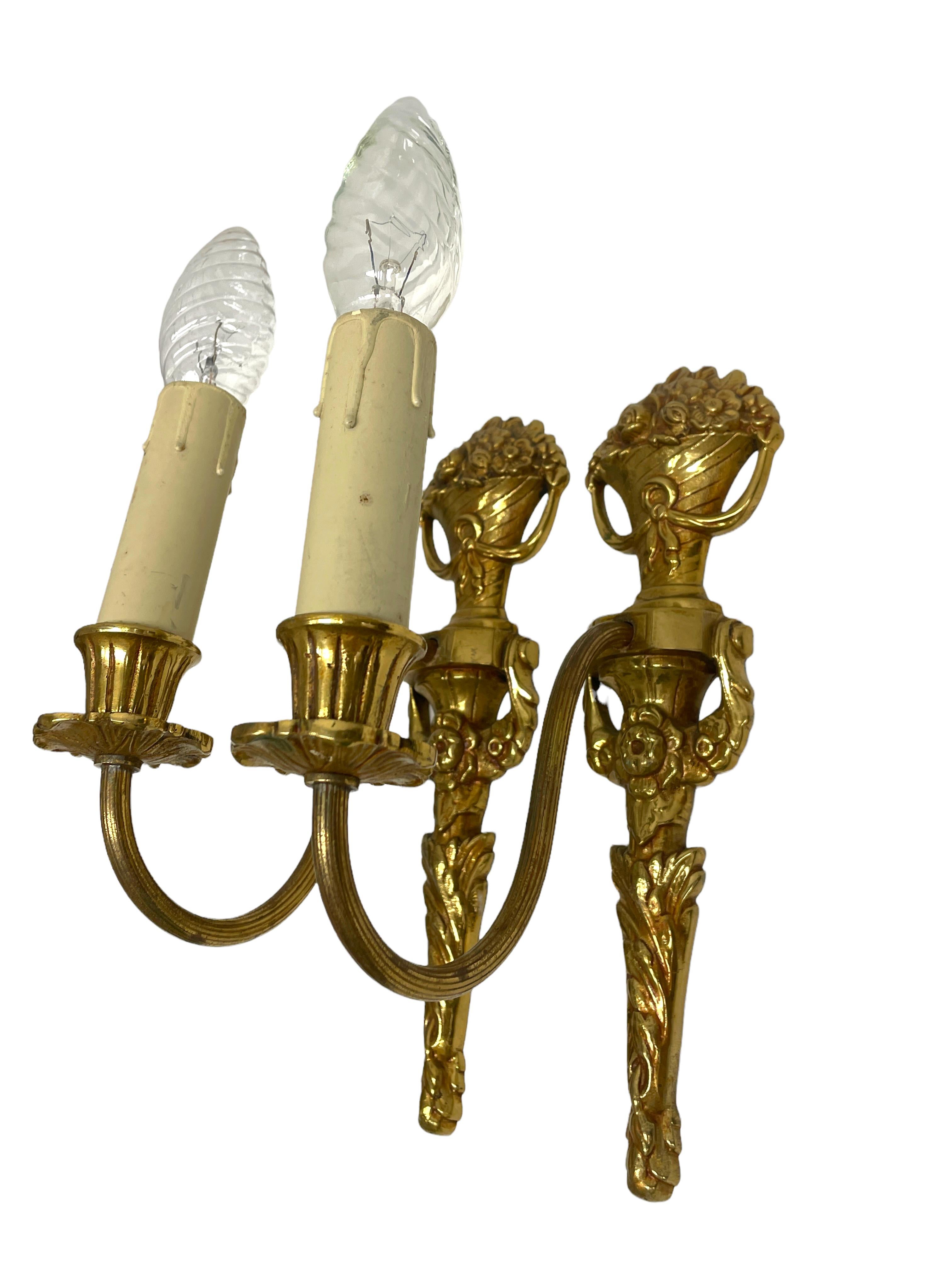 Mid-20th Century Pair of Empire Wall Sconces in Bronze with Flower Basket Motif, Sweden, 1950s For Sale