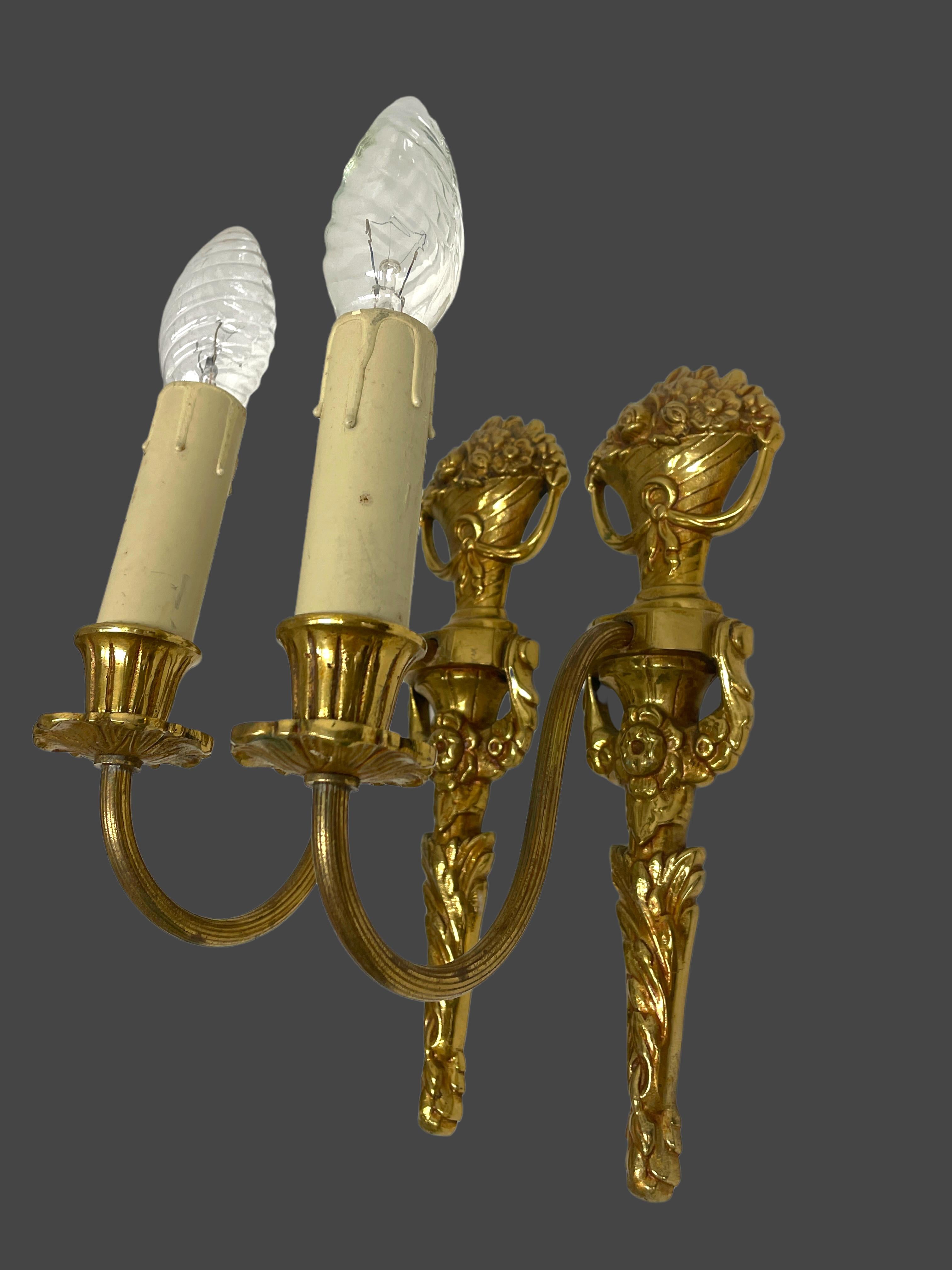Pair of Empire Wall Sconces in Bronze with Flower Basket Motif, Sweden, 1950s For Sale 1