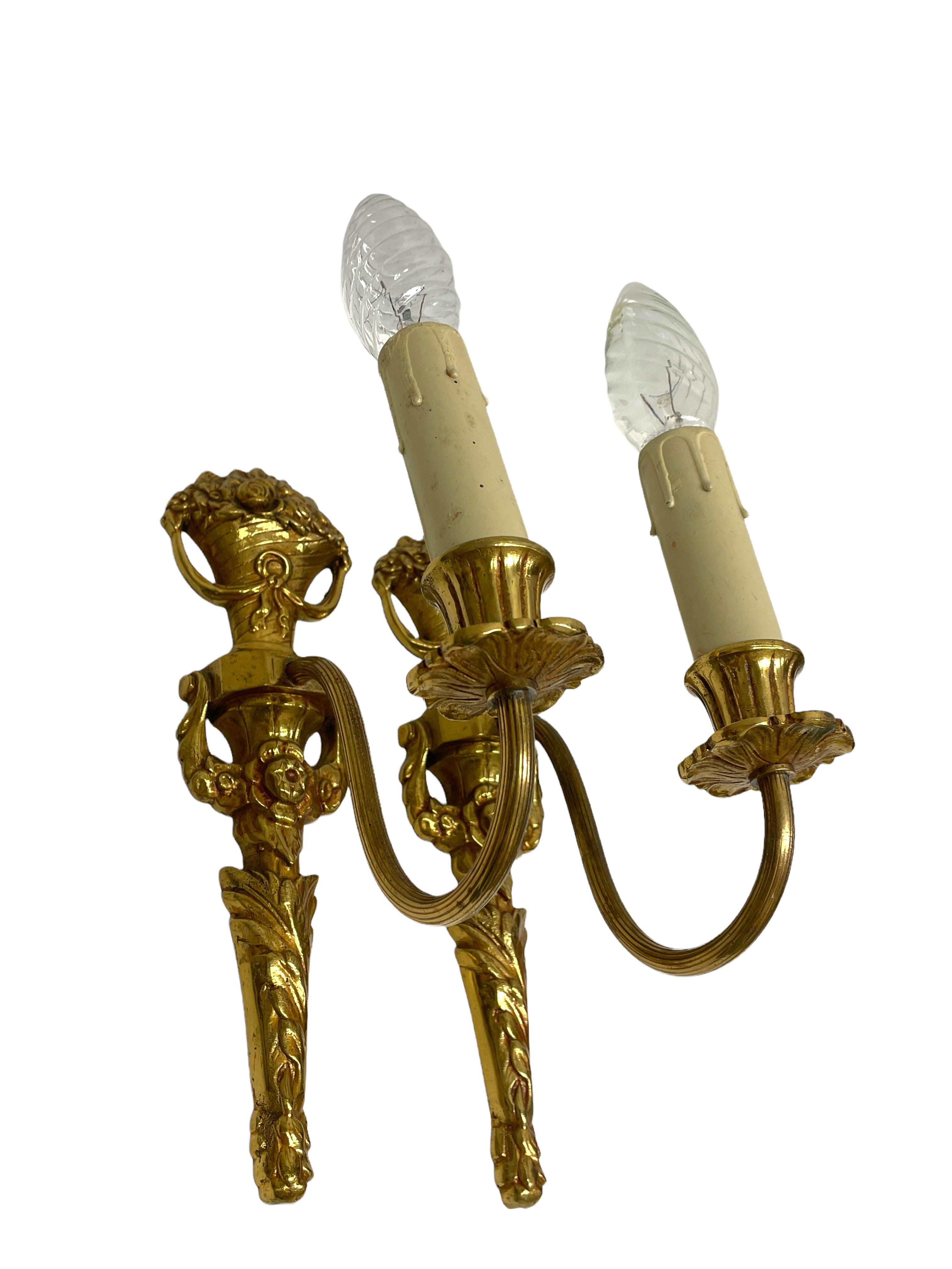 Pair of Empire Wall Sconces in Bronze with Flower Basket Motif, Sweden, 1950s For Sale 2