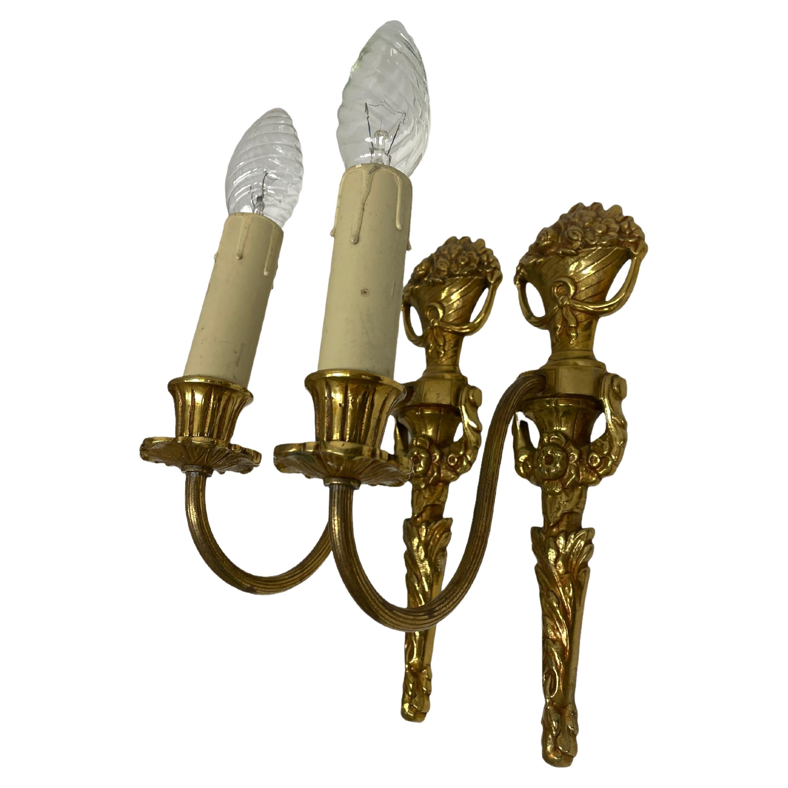 Pair of Empire Wall Sconces in Bronze with Flower Basket Motif, Sweden, 1950s For Sale