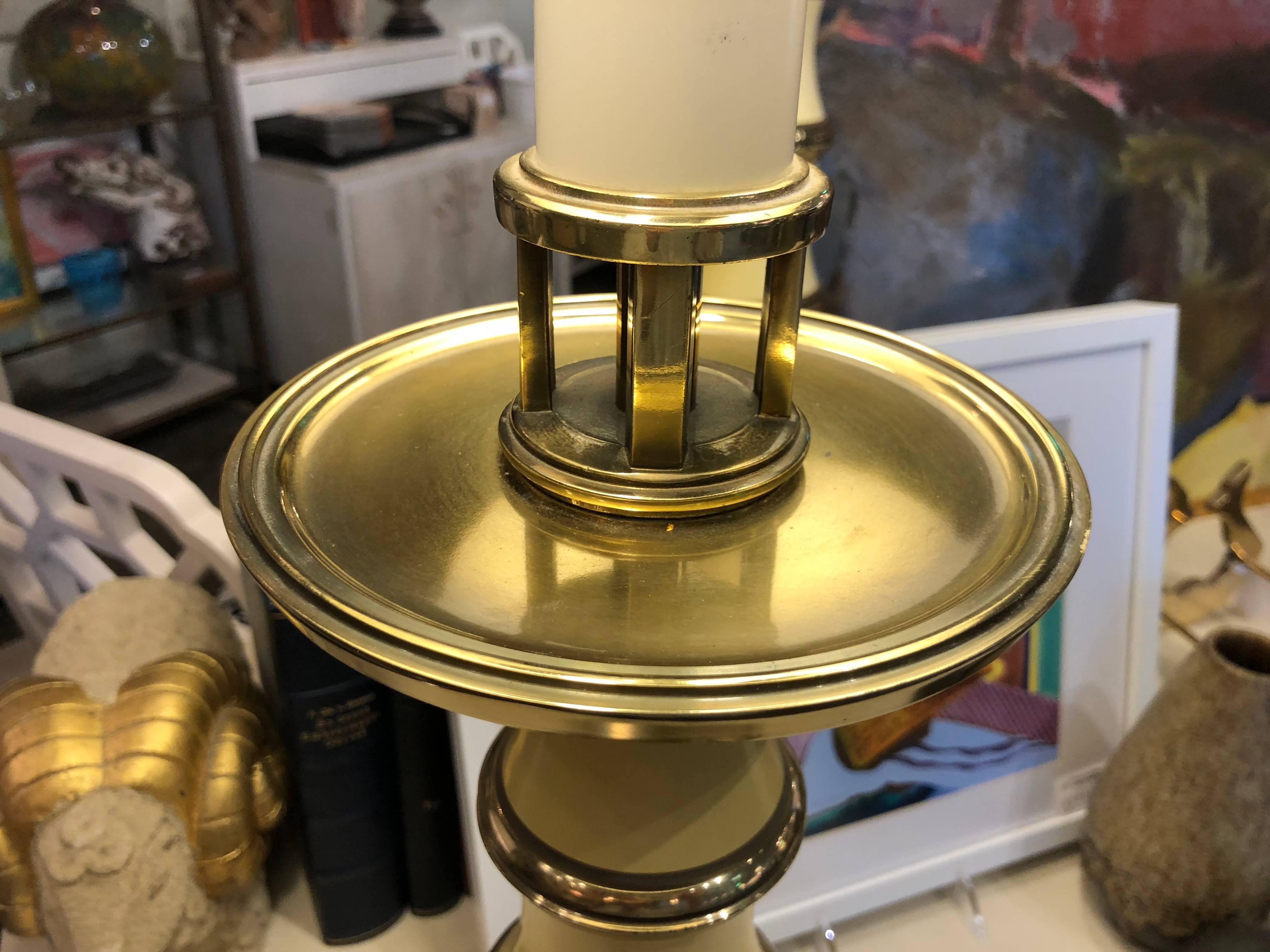 Pair of Enamel and Brass Stiffel Table Lamps In Excellent Condition In Chicago, IL