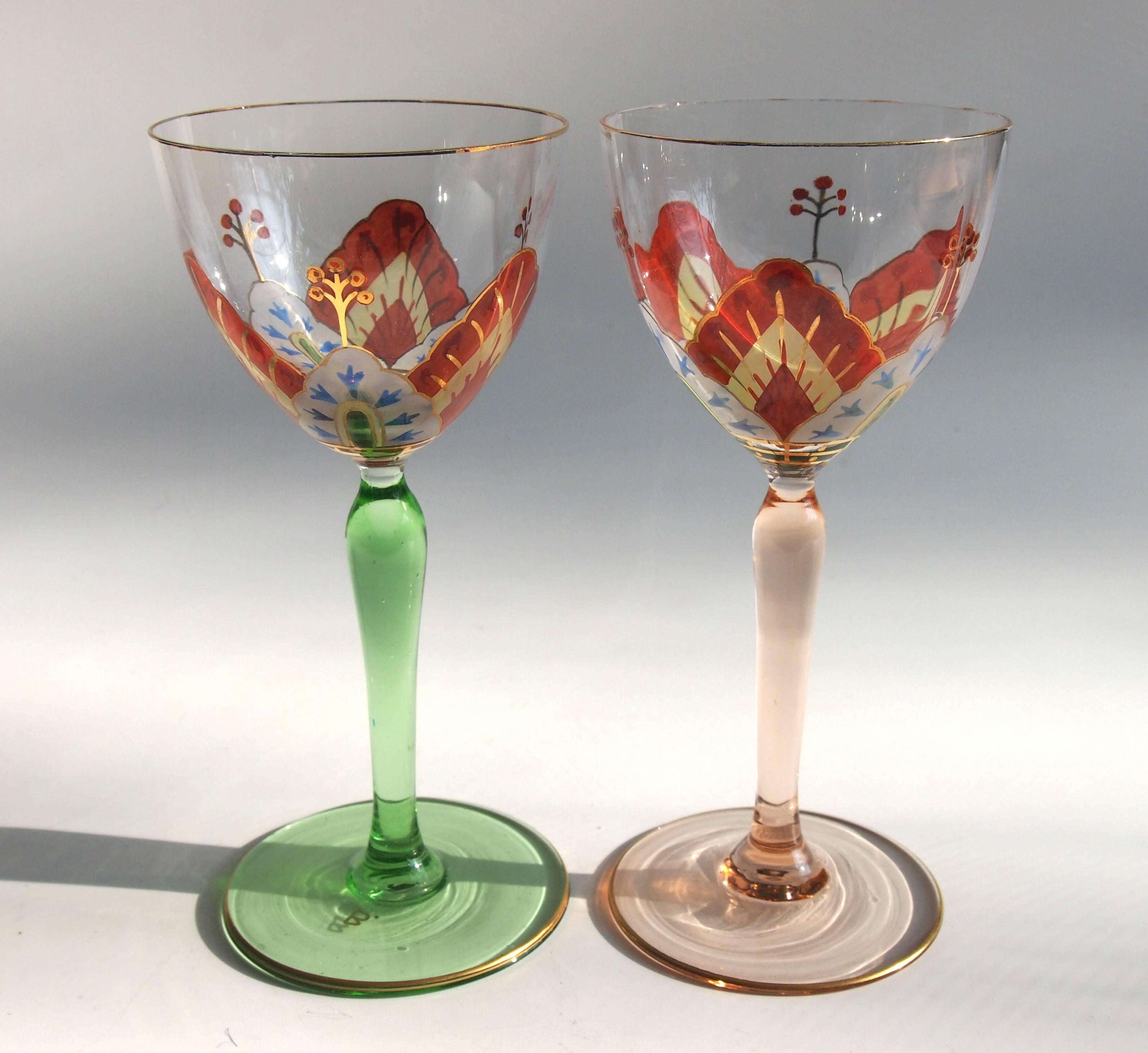 German Pair of Enamel and Gilded Poschinger Art Nouveau Flower Glasses For Sale