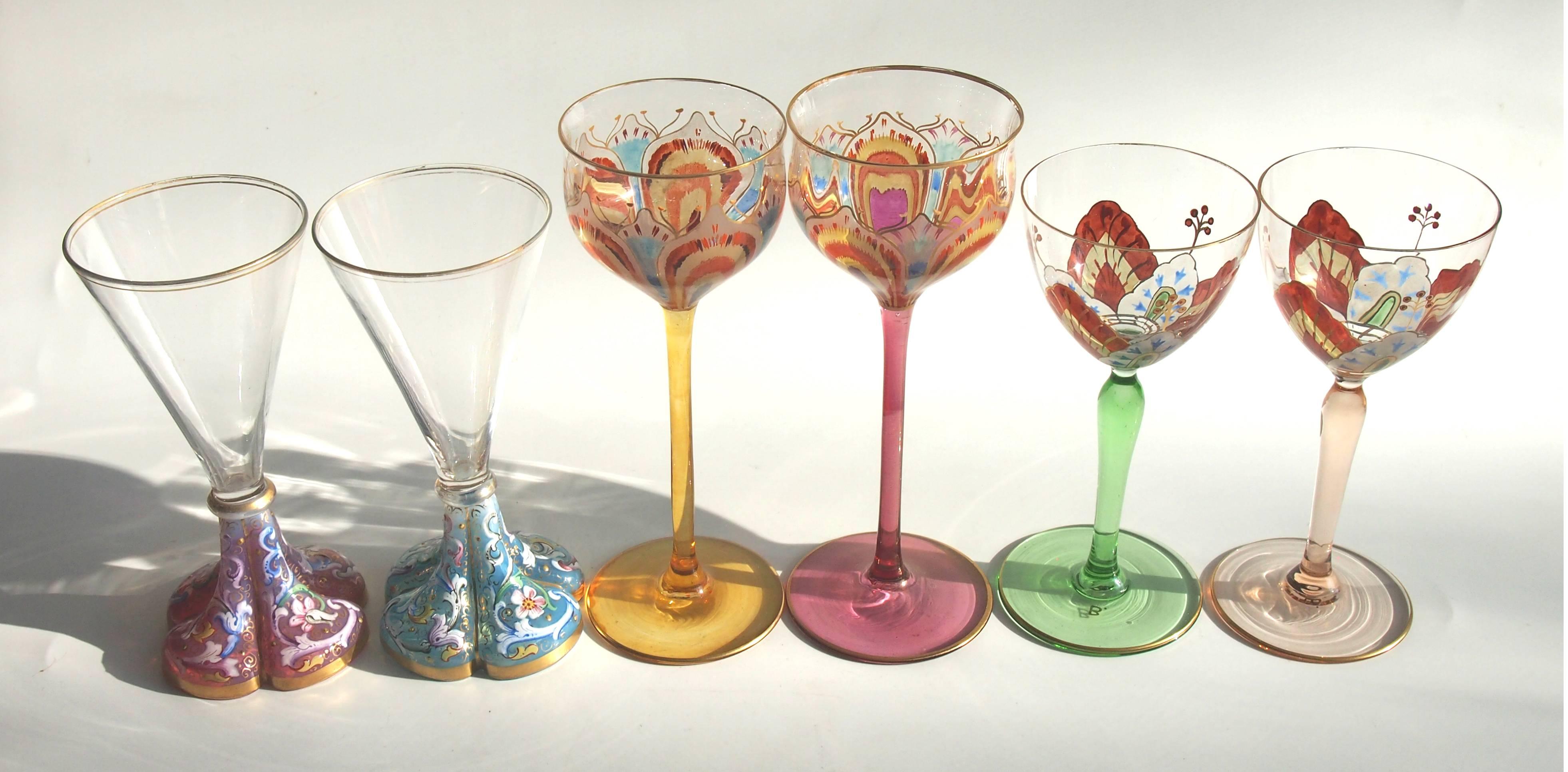 Art Glass Pair of Enamel and Gilded Poschinger Art Nouveau Flower Glasses For Sale