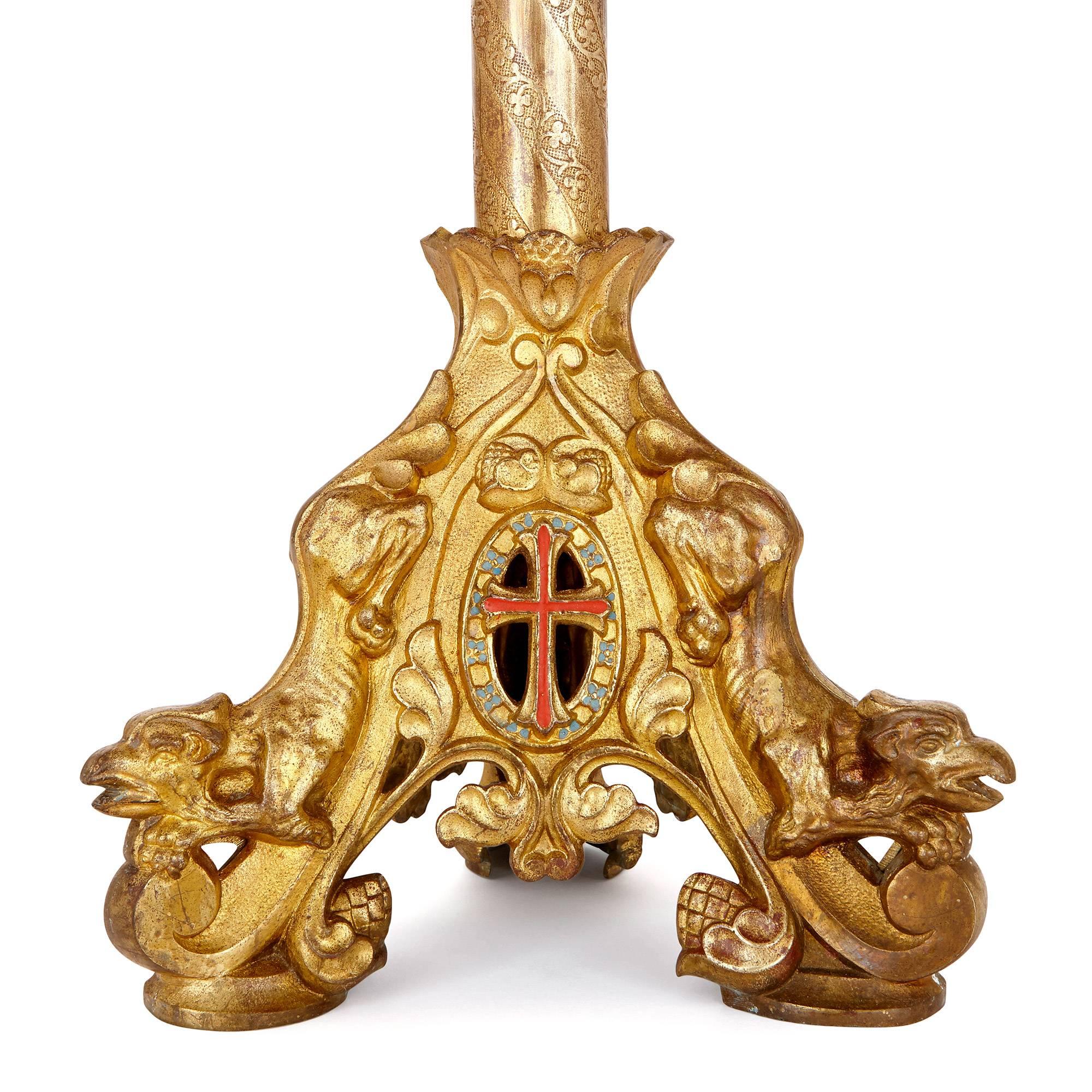 French Pair of Enamel and Gilt Bronze Altar Candlesticks For Sale