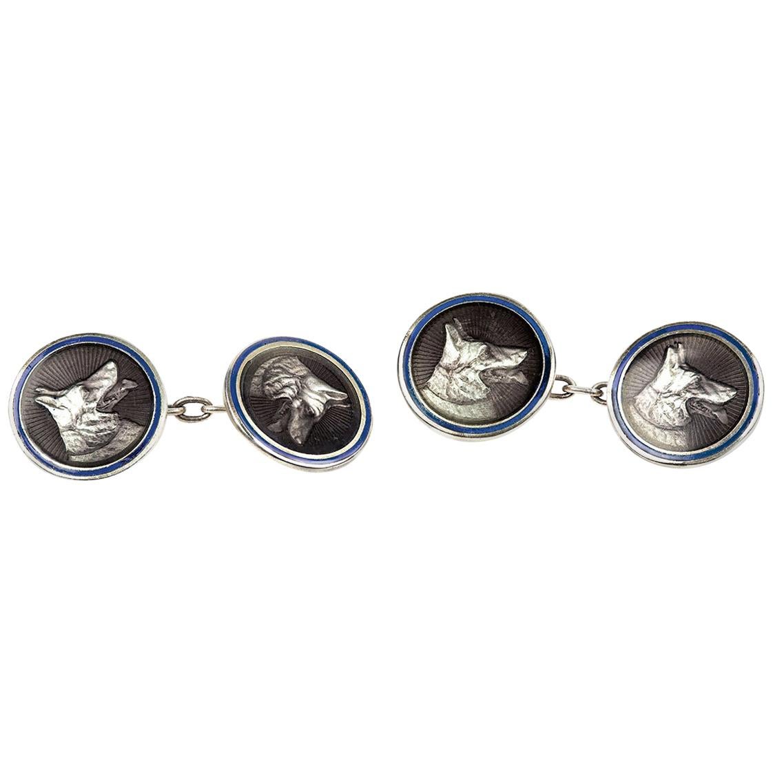 Enamel and Silver Cufflinks of German Shepherd Dogs Heads, German circa 1900