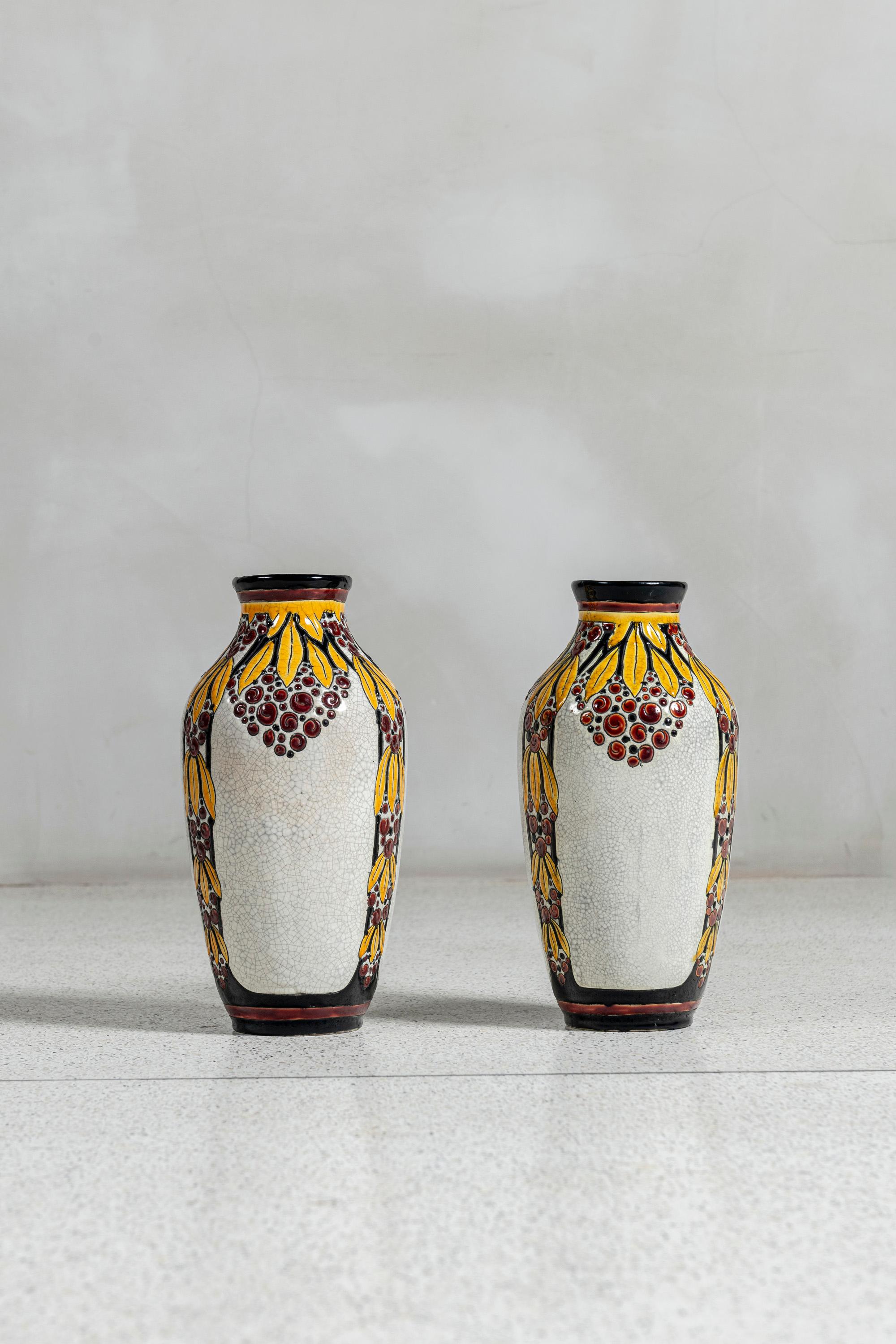 Pair of enamel ceramic flower vases by Charles Catteau signed B.F.K. La Louvière Belgiques by Charles Catteau, Belgium, circa 1920.