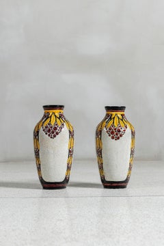 Pair of Enamel Ceramic Flower Vase by Charles Catteau Signed Boch La Louvière.