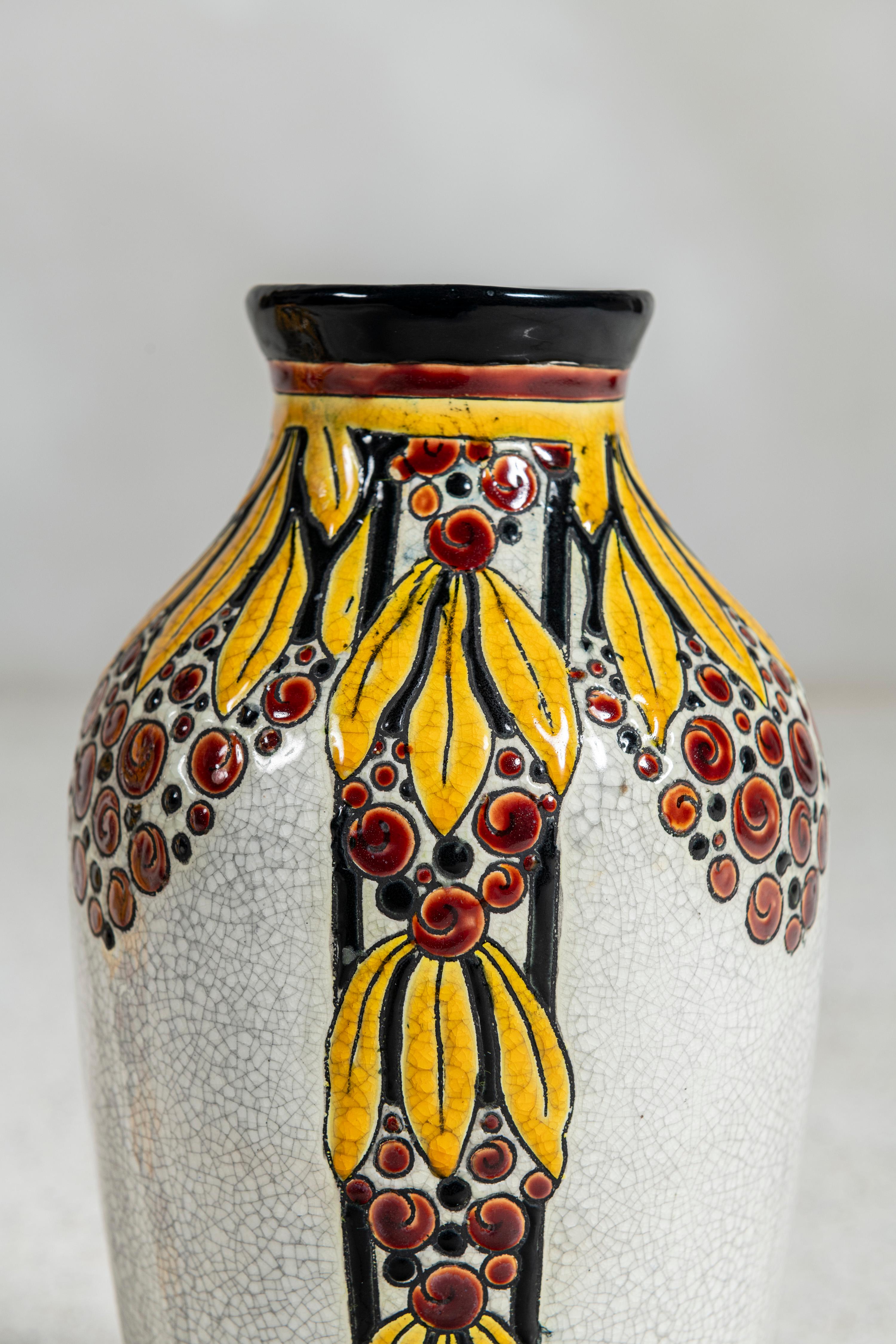 Art Deco Pair of Enamel Ceramic Flower Vase by Charles Catteau Signed Boch La Louvière. For Sale