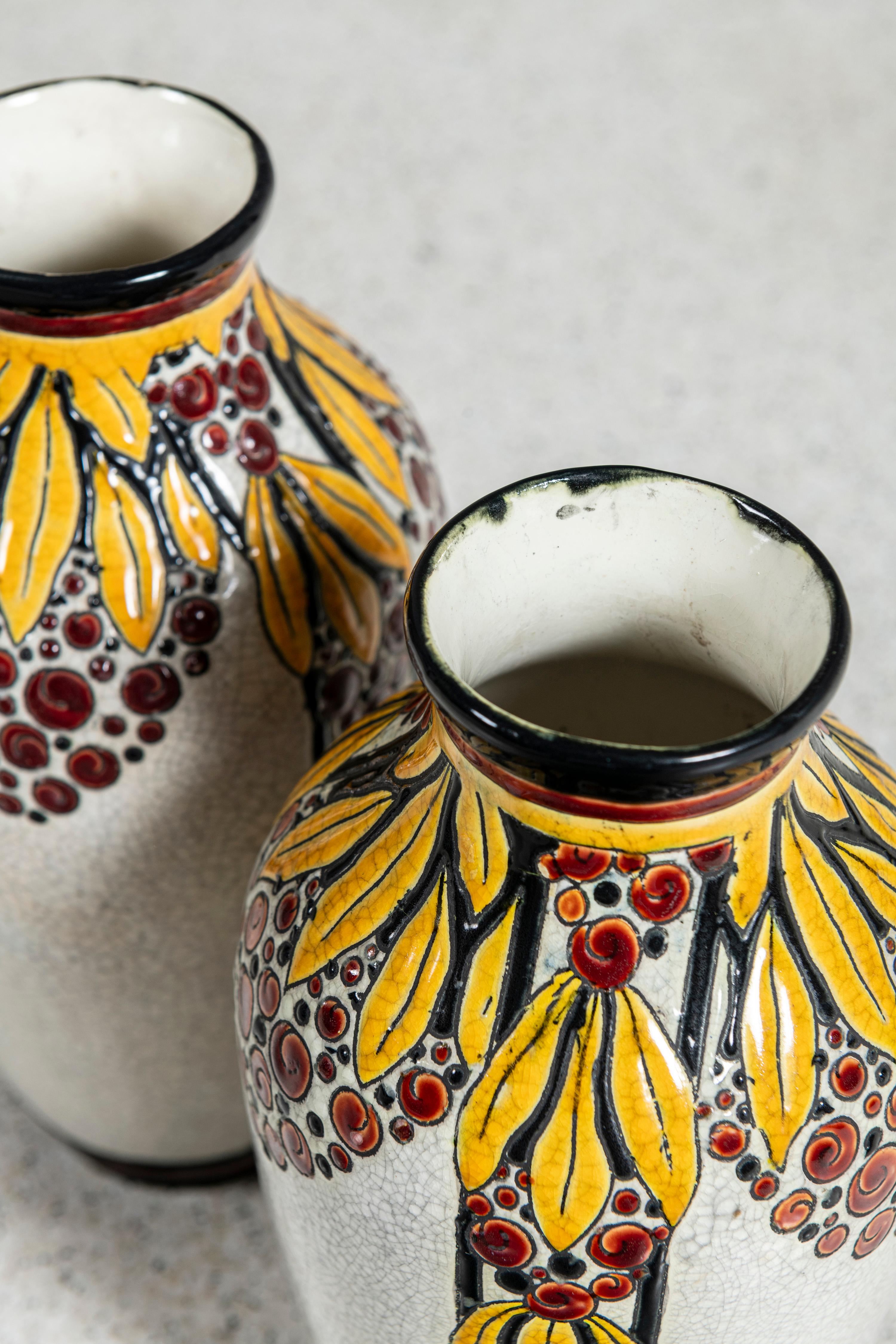 Pair of Enamel Ceramic Flower Vase by Charles Catteau Signed Boch La Louvière. In Good Condition For Sale In Buenos Aires, Buenos Aires