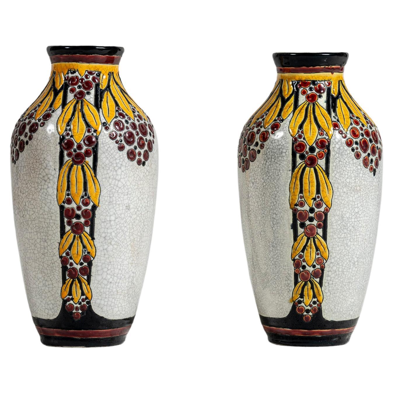 Pair of Enamel Ceramic Flower Vase by Charles Catteau Signed Boch La Louvière. For Sale
