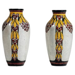Pair of Enamel Ceramic Flower Vase by Charles Catteau Signed Boch La Louvière.