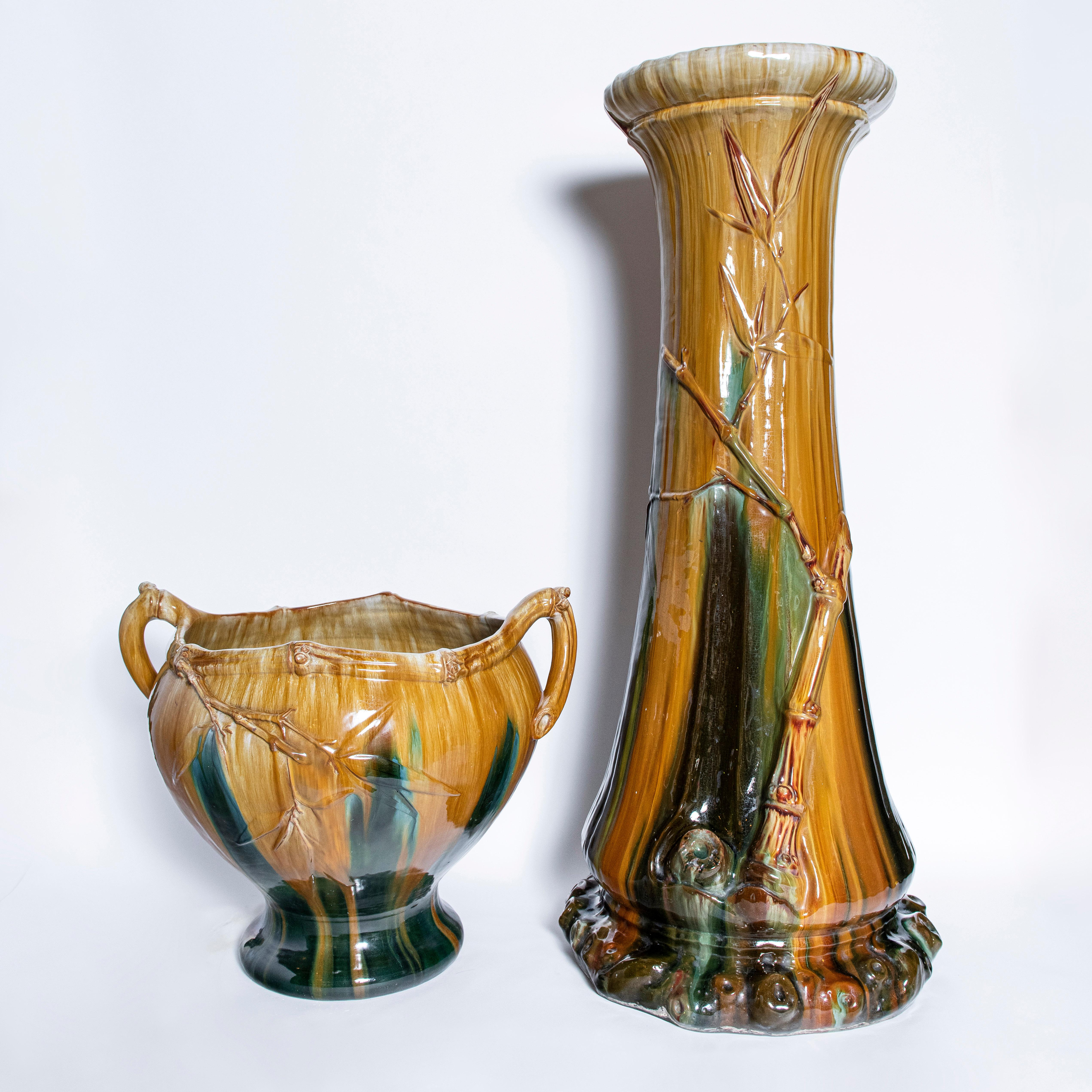 Enameled Pair of Enamel Ceramic Planters, Art Nouveau Period, France, circa 1900 For Sale