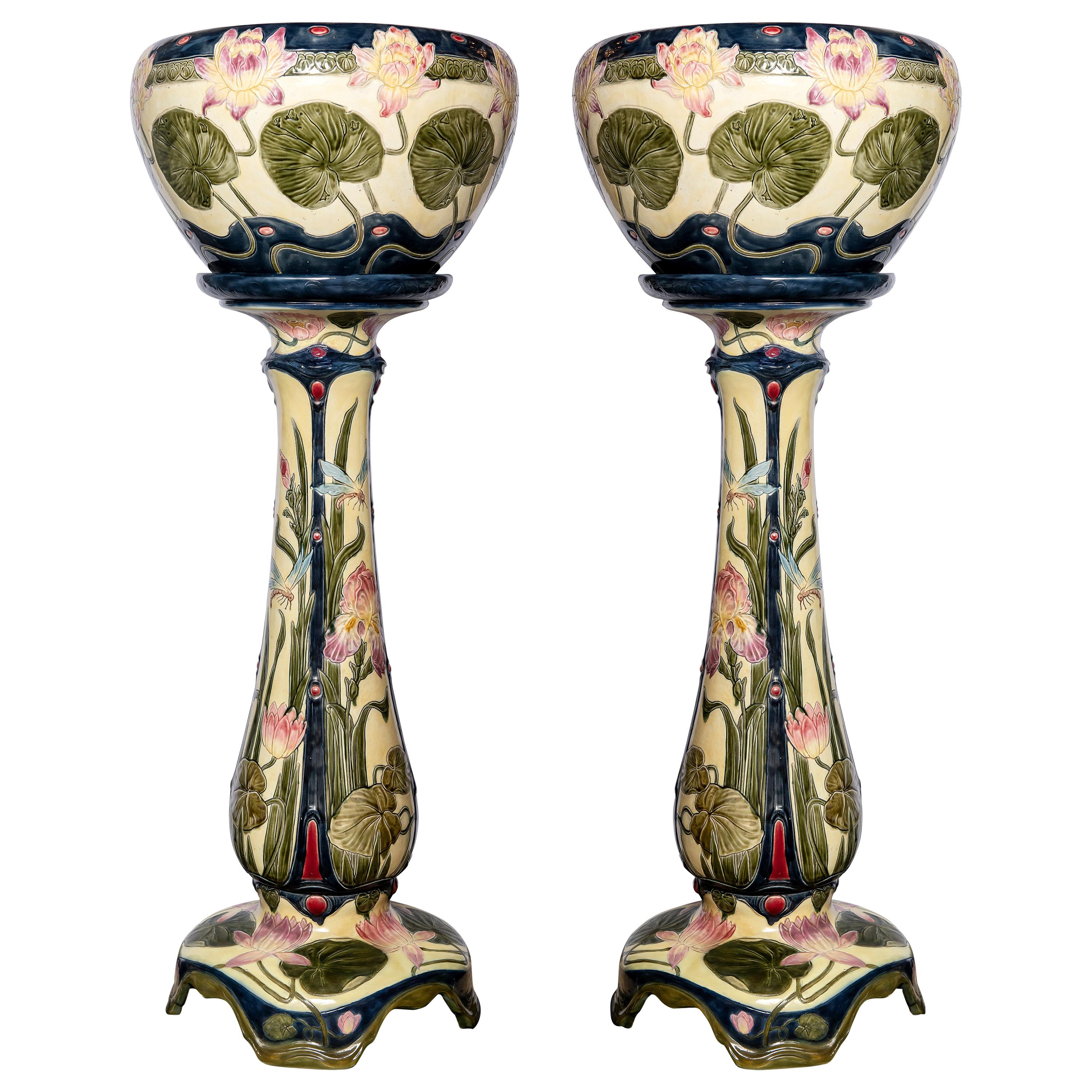 Pair of Enamel Ceramic Planters, Art Nouveau Period, Germany, circa 1900 For Sale